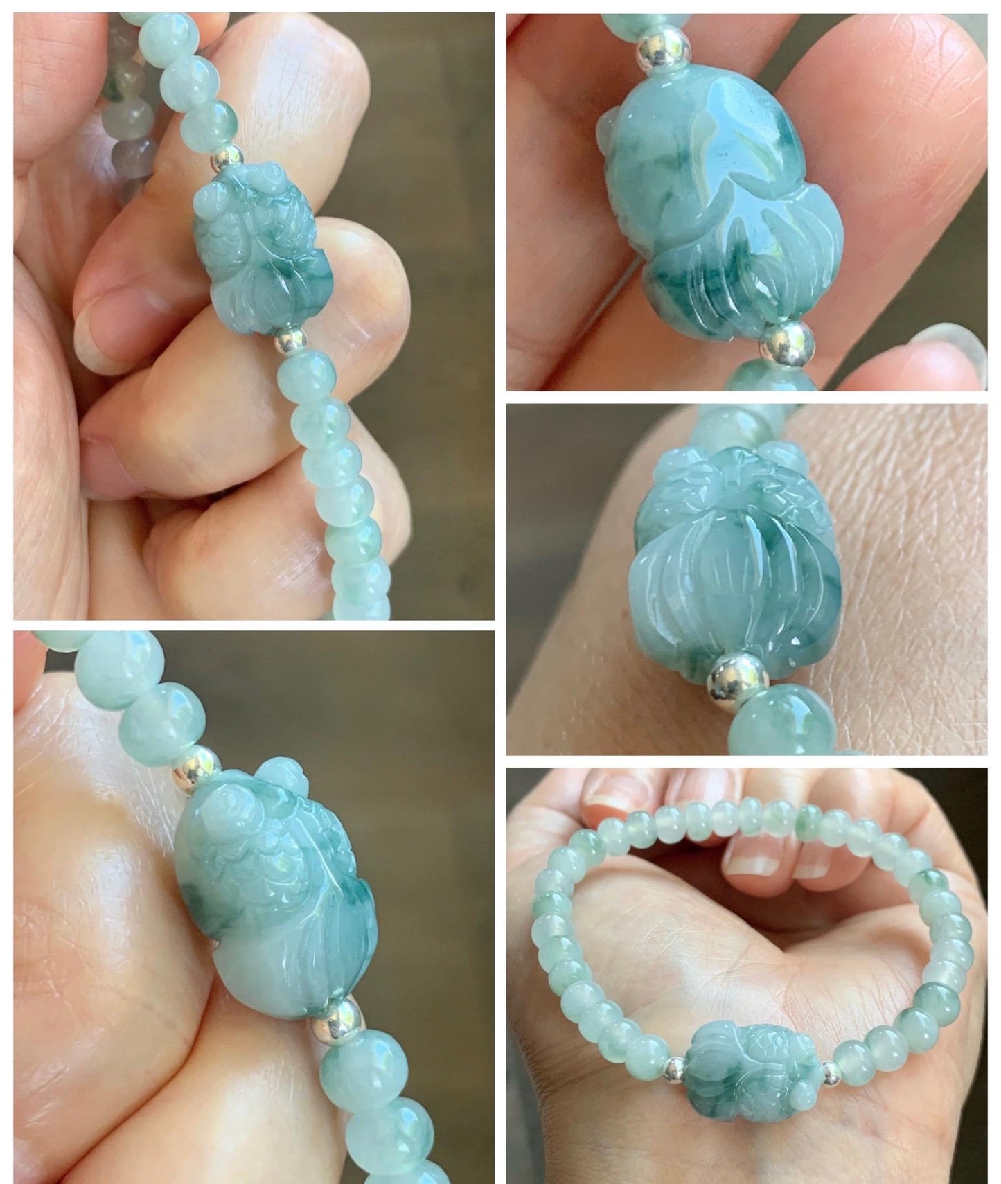 Natural Grade A Icy Translucent Light Green Marbled Jade Jadeite Drum Beads Goldfish Charm Beaded Bracelet 6.75" 14g 天然冰胶飘花翡翠鼓珠金鱼手串 MPJ425