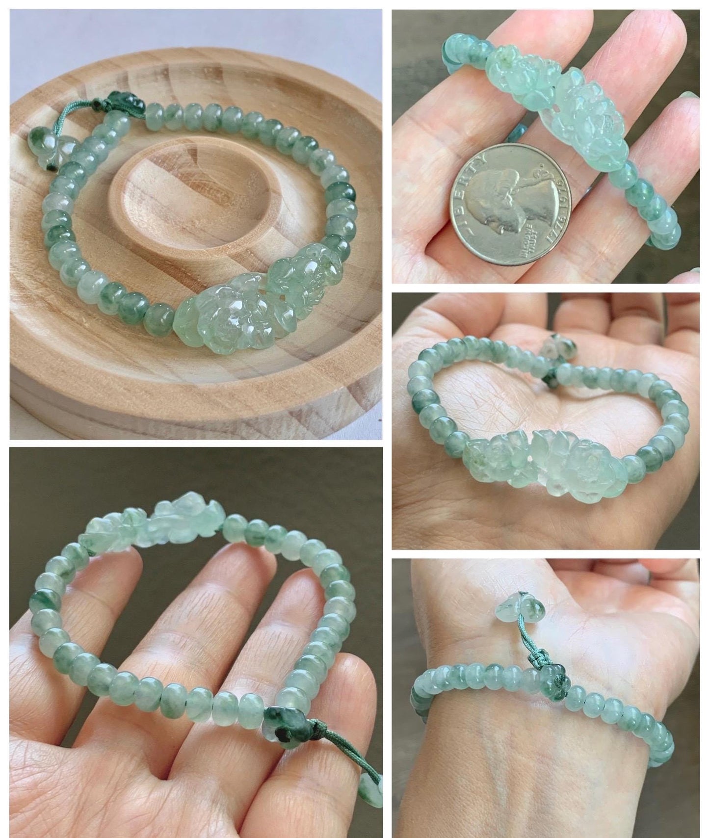 Natural Grade A Icy Highly Translucent Light Green Marbled Jade Jadeite Lotus Flower Drum Beads Beaded Bracelet 6.75" 天然冰胶飘花翡翠莲花鼓珠手串 MPL555