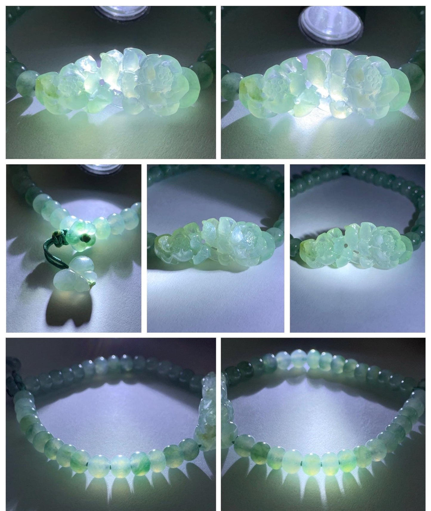 Natural Grade A Icy Highly Translucent Light Green Marbled Jade Jadeite Lotus Flower Drum Beads Beaded Bracelet 6.75" 天然冰胶飘花翡翠莲花鼓珠手串 MPL555