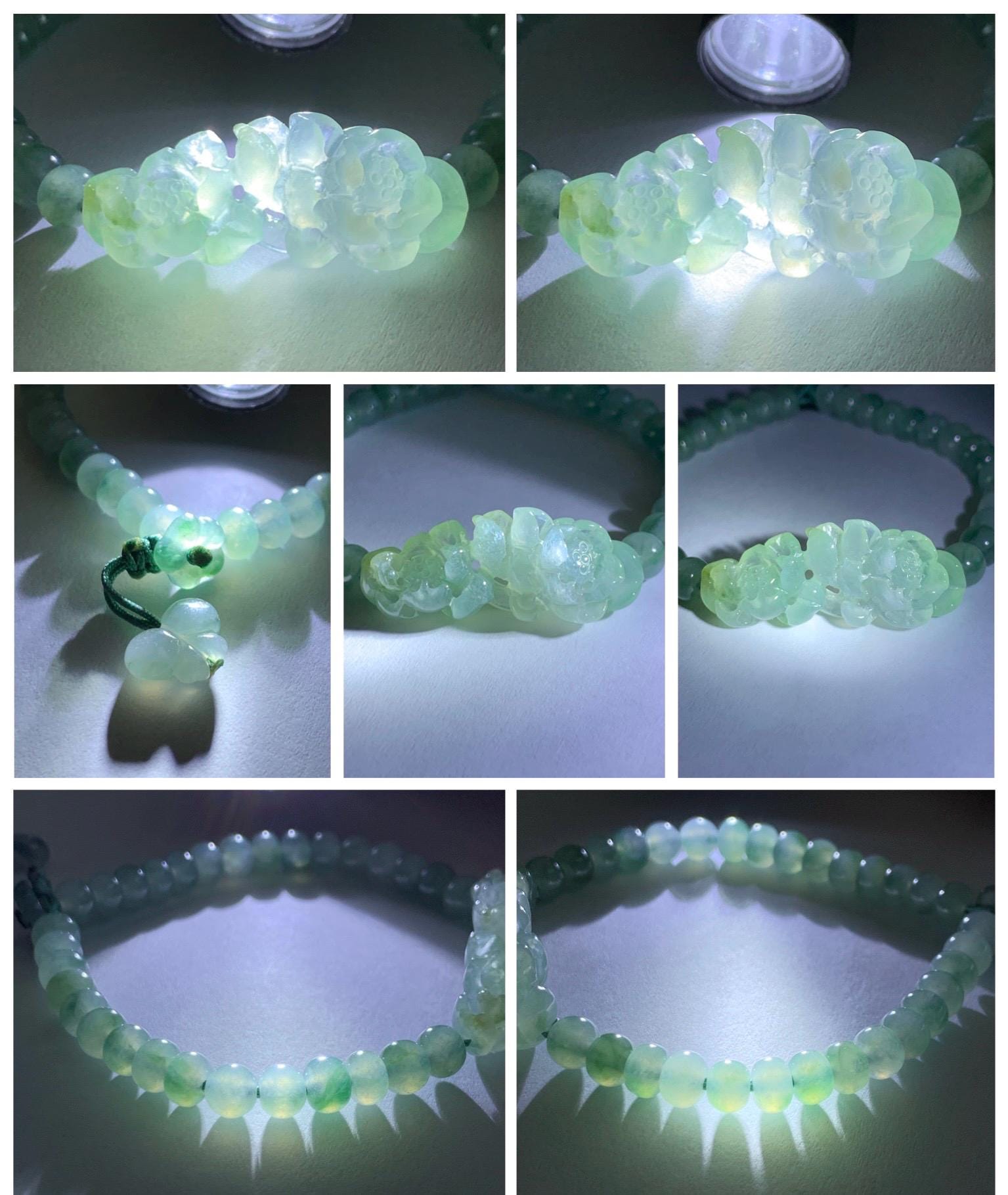 Natural Grade A Icy Highly Translucent Light Green Marbled Jade Jadeite Lotus Flower Drum Beads Beaded Bracelet 6.75" 天然冰胶飘花翡翠莲花鼓珠手串 MPL555