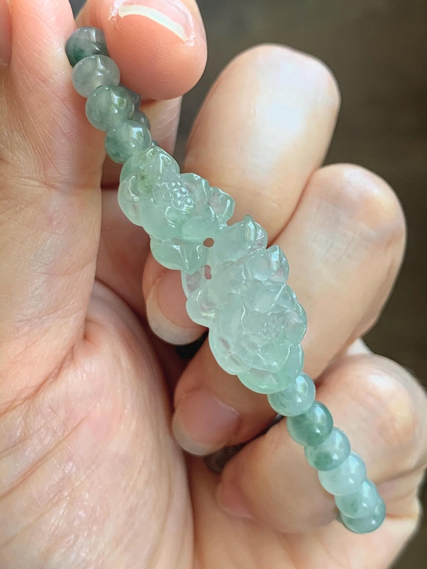 Natural Grade A Icy Highly Translucent Light Green Marbled Jade Jadeite Lotus Flower Drum Beads Beaded Bracelet 6.75" 天然冰胶飘花翡翠莲花鼓珠手串 MPL555