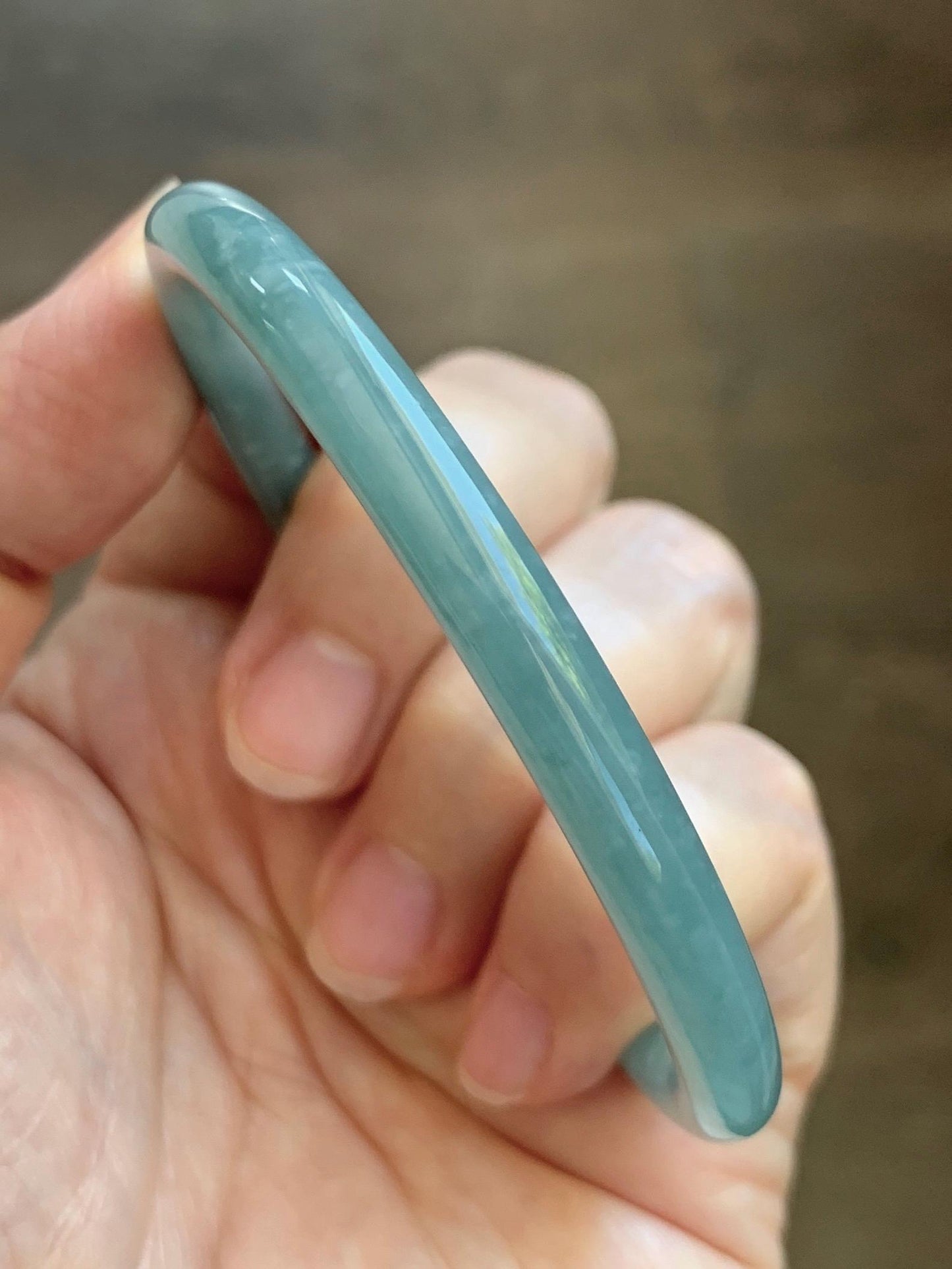 Certified Natural Grade A Guatemalan Icy Translucent Dusty Teal Jade Jadeite Slim Bangle 57mm 7” 20g 天然冰危暗蓝绿翡翠细圆条手镯 202
