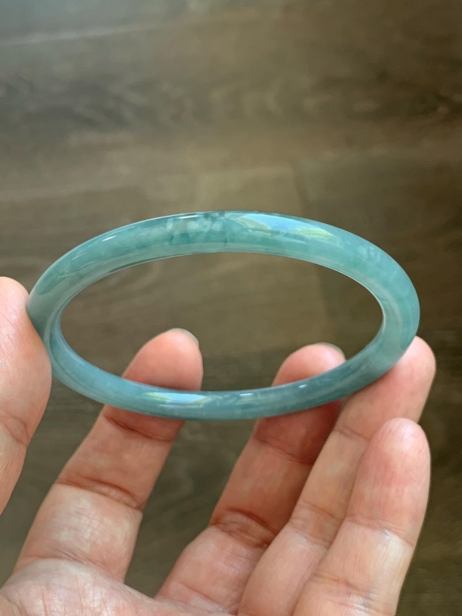 Certified Natural Grade A Guatemalan Icy Translucent Dusty Teal Jade Jadeite Slim Bangle 57mm 7” 20g 天然冰危暗蓝绿翡翠细圆条手镯 202