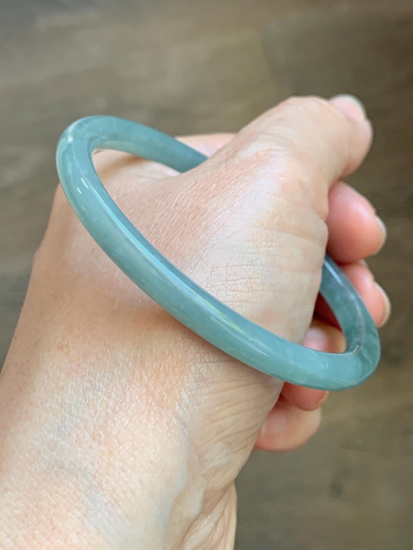 Certified Natural Grade A Guatemalan Icy Translucent Dusty Teal Jade Jadeite Slim Bangle 57mm 7” 20g 天然冰危暗蓝绿翡翠细圆条手镯 202