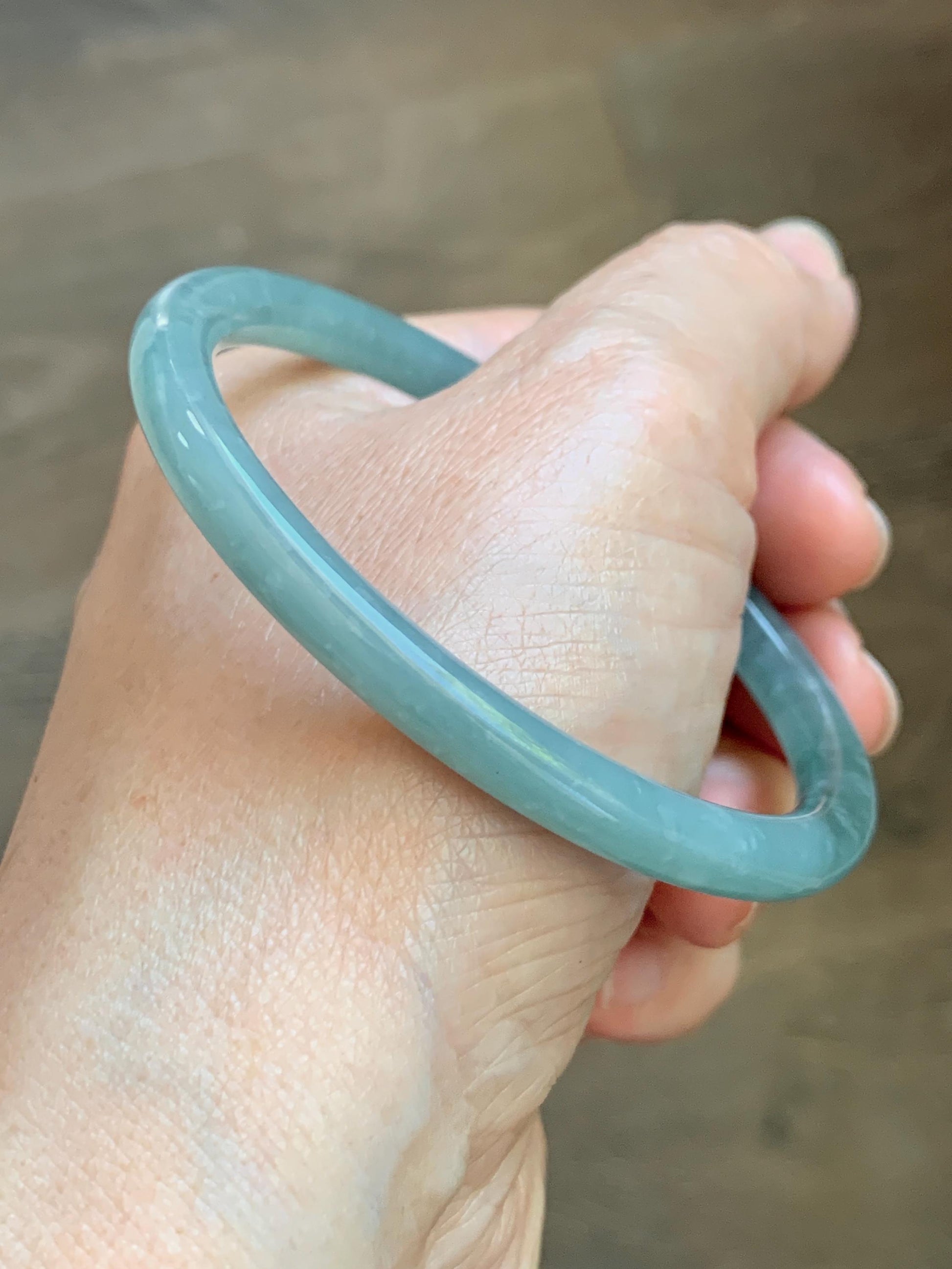 Certified Natural Grade A Guatemalan Icy Translucent Dusty Teal Jade Jadeite Slim Bangle 57mm 7” 20g 天然冰危暗蓝绿翡翠细圆条手镯 202