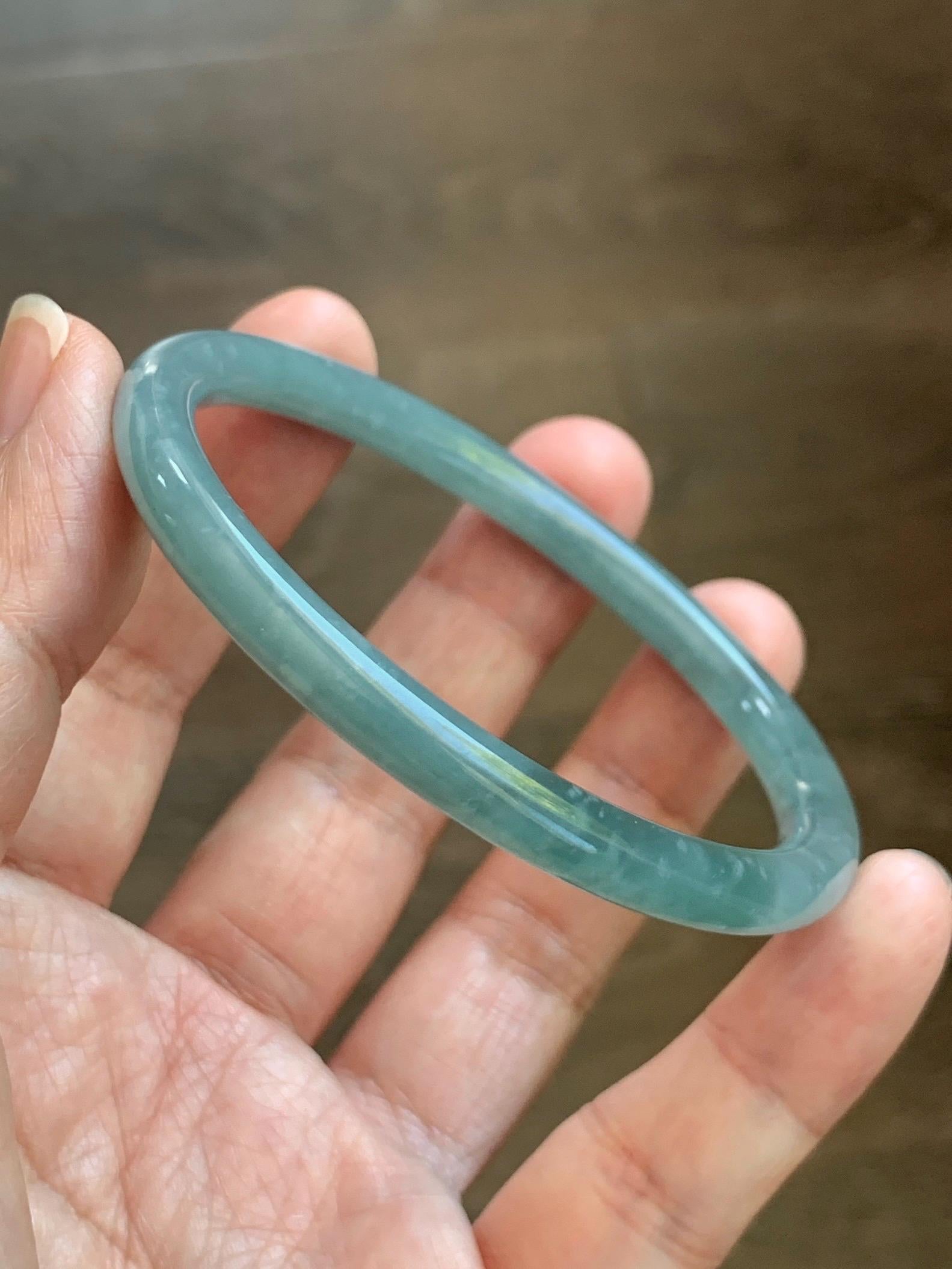 Certified Natural Grade A Guatemalan Icy Translucent Dusty Teal Jade Jadeite Slim Bangle 57mm 7” 20g 天然冰危暗蓝绿翡翠细圆条手镯 202