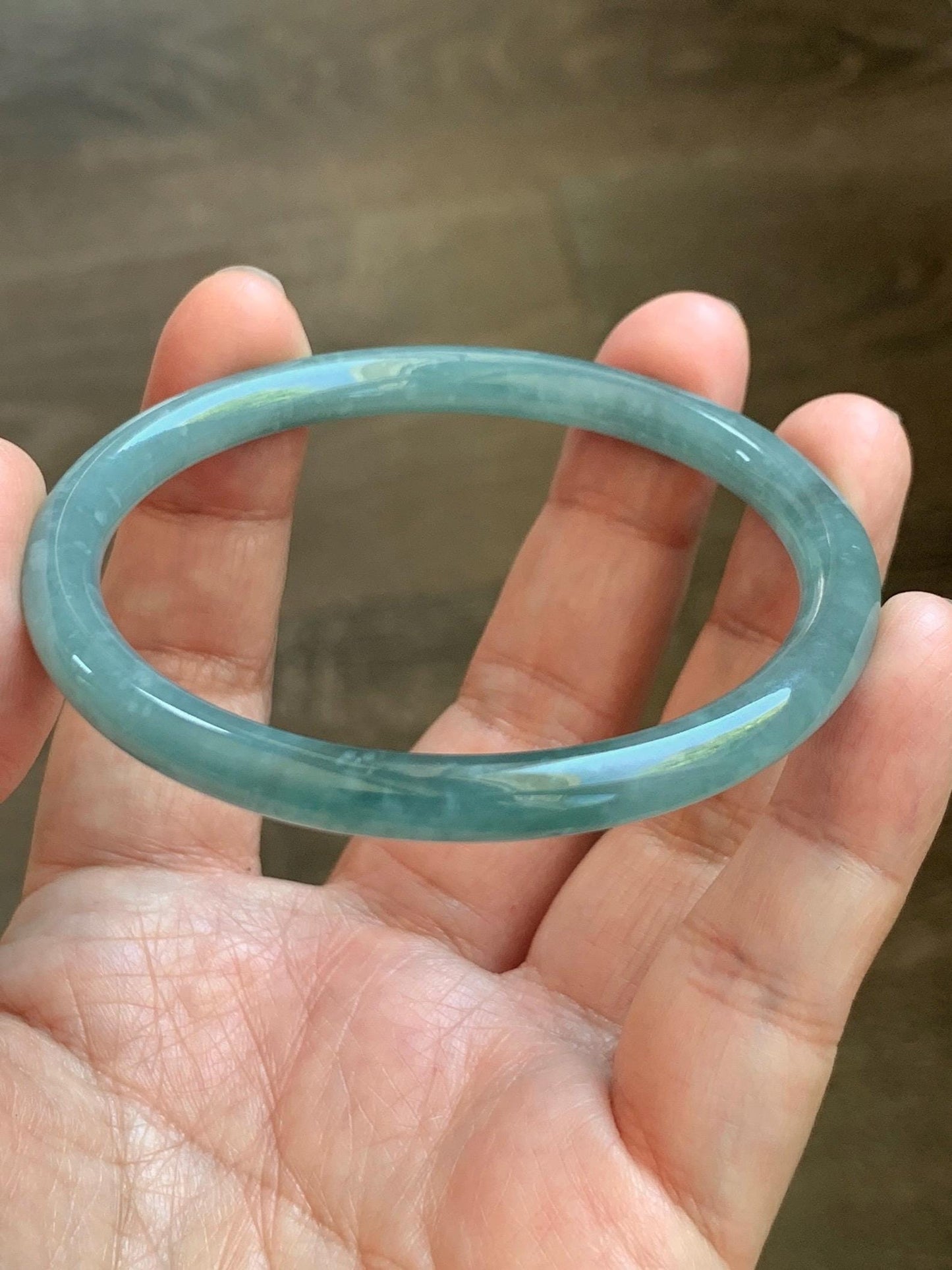 Certified Natural Grade A Guatemalan Icy Translucent Dusty Teal Jade Jadeite Slim Bangle 57mm 7” 20g 天然冰危暗蓝绿翡翠细圆条手镯 202
