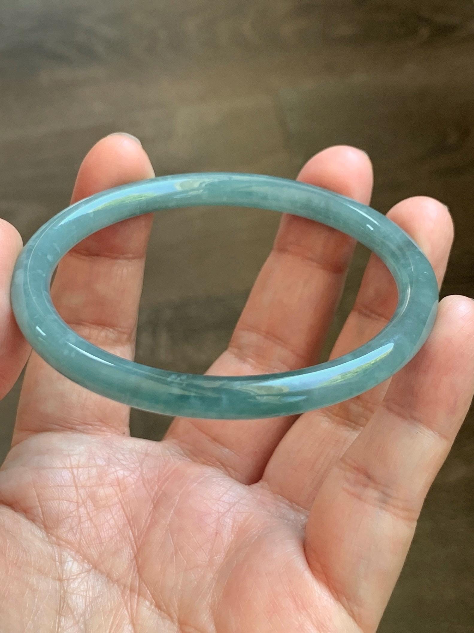 Certified Natural Grade A Guatemalan Icy Translucent Dusty Teal Jade Jadeite Slim Bangle 57mm 7” 20g 天然冰危暗蓝绿翡翠细圆条手镯 202