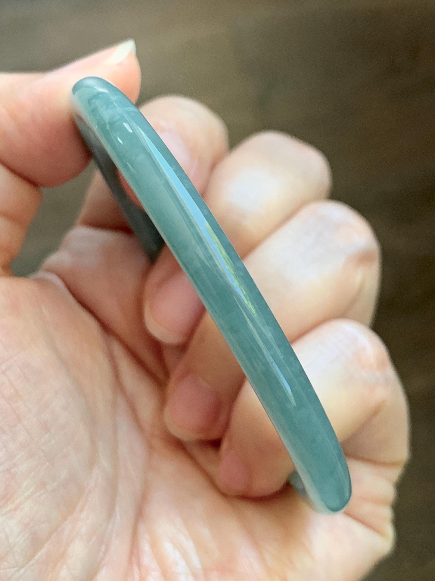 Certified Natural Grade A Guatemalan Icy Translucent Dusty Teal Jade Jadeite Slim Bangle 57mm 7” 20g 天然冰危暗蓝绿翡翠细圆条手镯 202