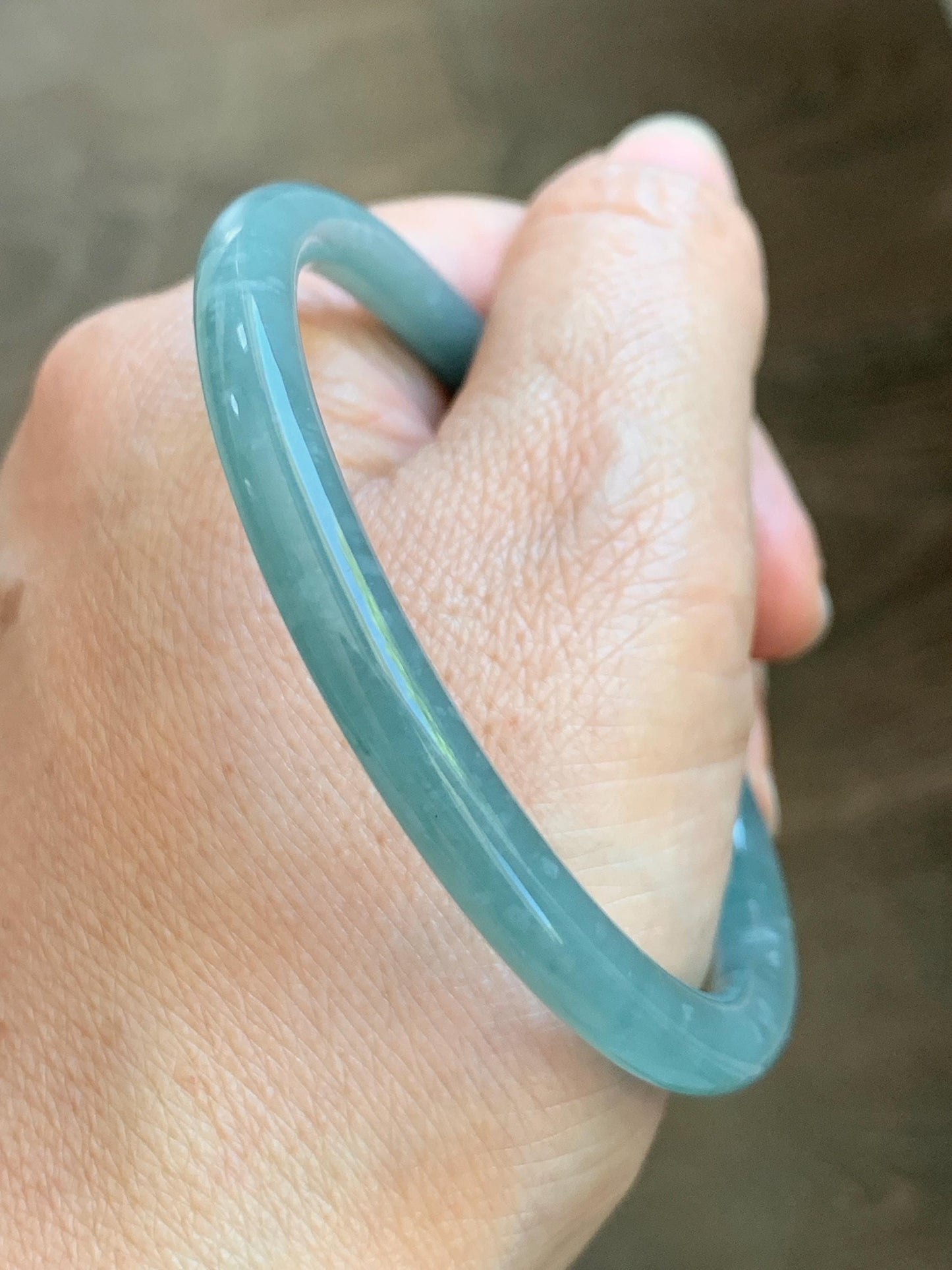 Certified Natural Grade A Guatemalan Icy Translucent Dusty Teal Jade Jadeite Slim Bangle 57mm 7” 20g 天然冰危暗蓝绿翡翠细圆条手镯 202