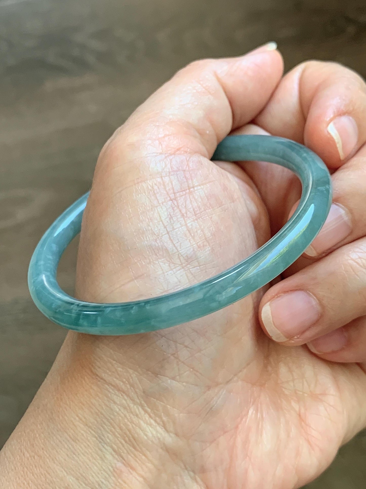 Certified Natural Grade A Guatemalan Icy Translucent Dusty Teal Jade Jadeite Slim Bangle 57mm 7” 20g 天然冰危暗蓝绿翡翠细圆条手镯 202