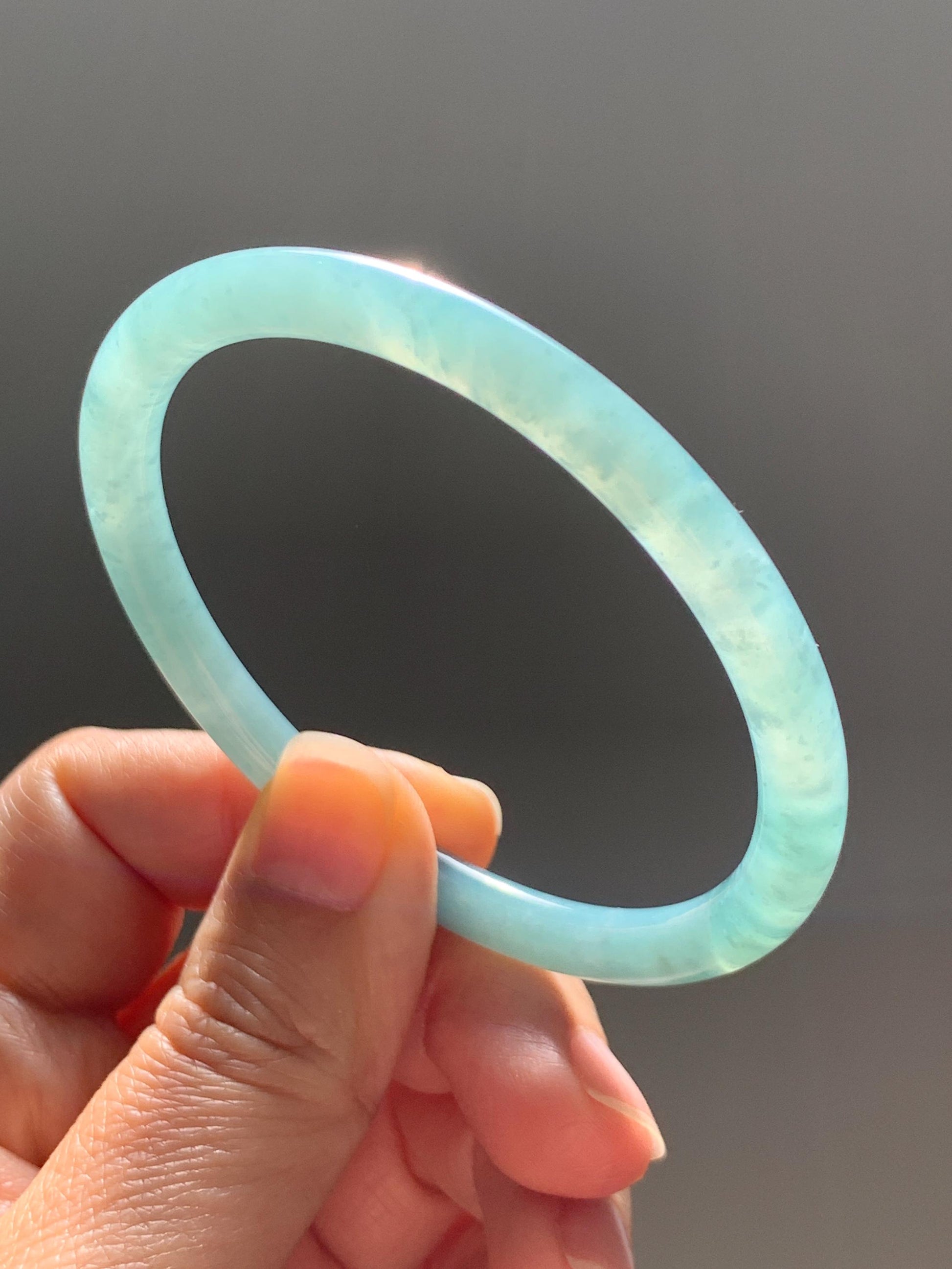 Certified Natural Grade A Guatemalan Icy Translucent Dusty Teal Jade Jadeite Slim Bangle 57mm 7” 20g 天然冰危暗蓝绿翡翠细圆条手镯 202