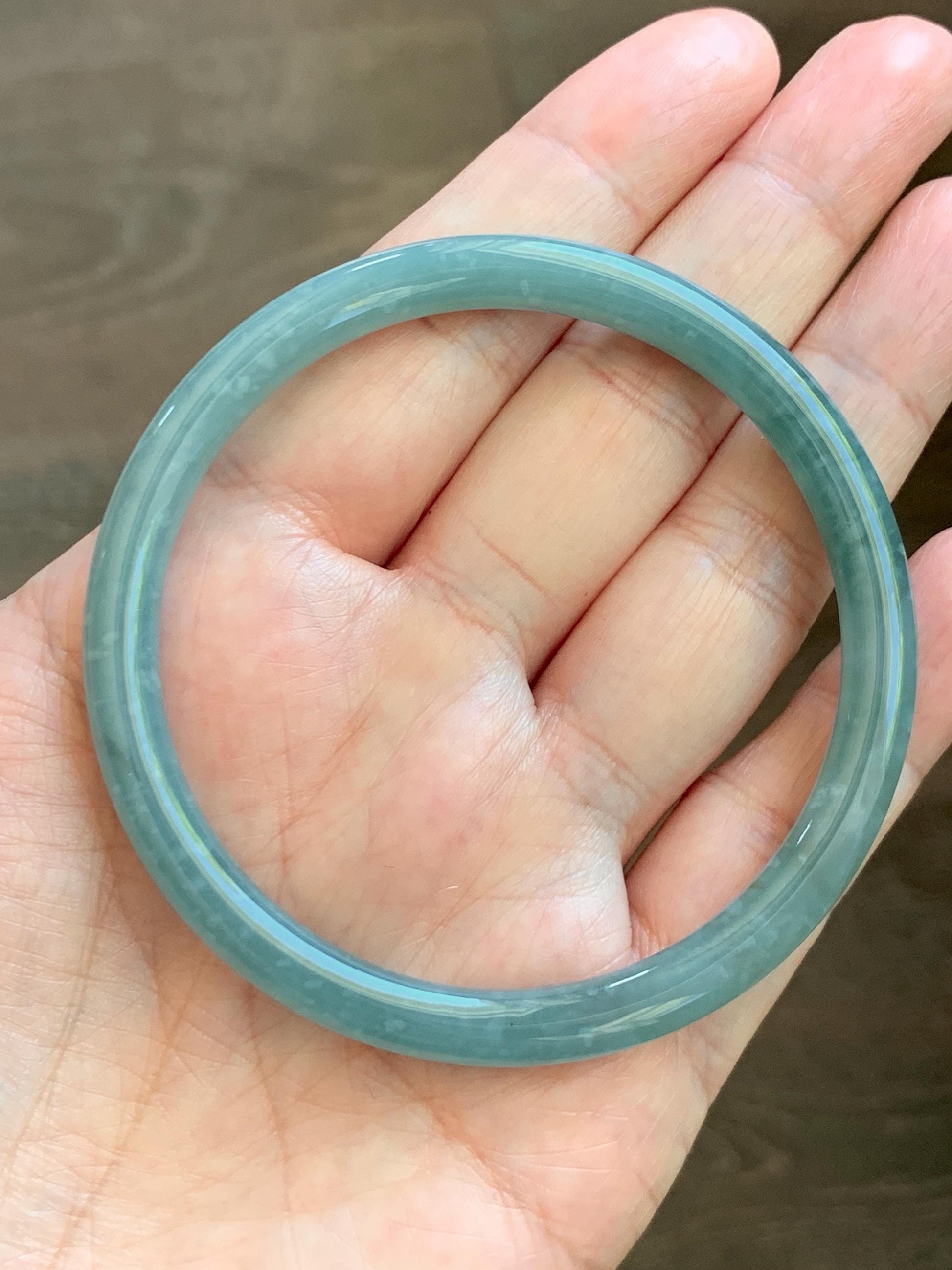 Certified Natural Grade A Guatemalan Icy Translucent Dusty Teal Jade Jadeite Slim Bangle 57mm 7” 20g 天然冰危暗蓝绿翡翠细圆条手镯 202