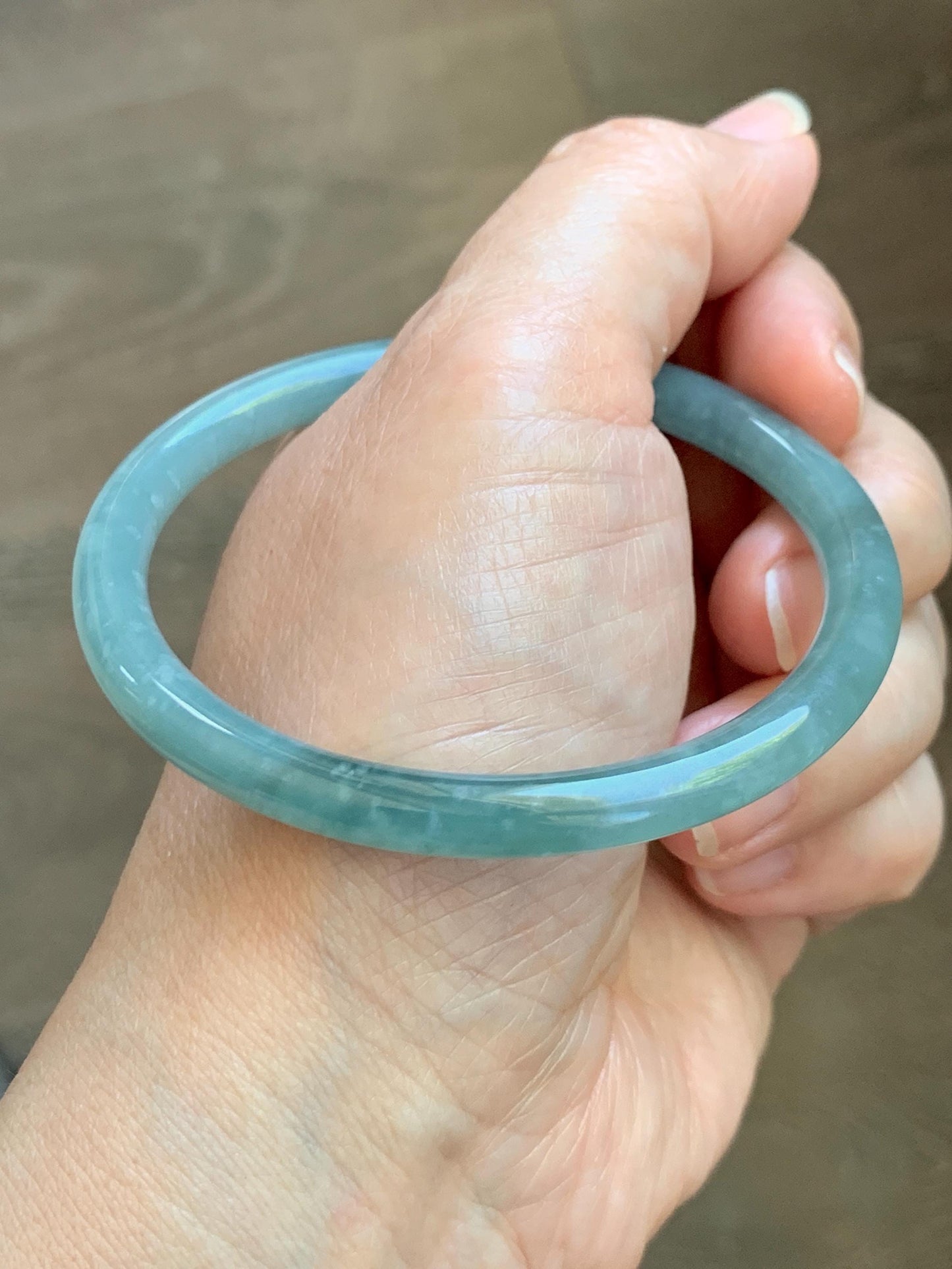 Certified Natural Grade A Guatemalan Icy Translucent Dusty Teal Jade Jadeite Slim Bangle 57mm 7” 20g 天然冰危暗蓝绿翡翠细圆条手镯 202
