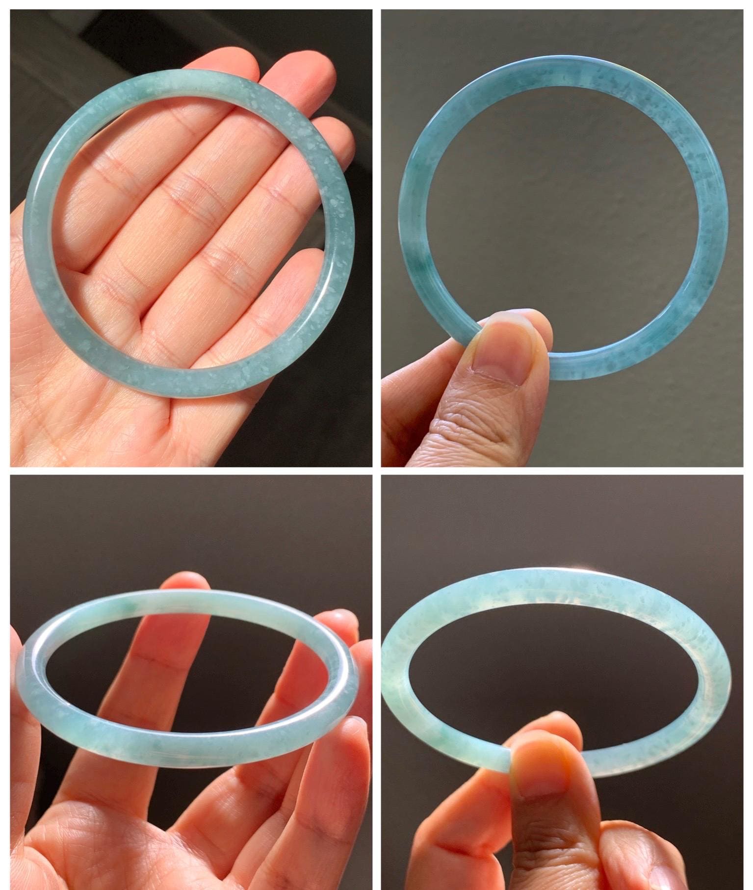 Certified Natural Grade A Guatemalan Icy Translucent Dusty Teal Jade Jadeite Slim Bangle 57.36mm 7.09” 18.52g 天然冰危暗蓝绿翡翠细圆条手镯 201