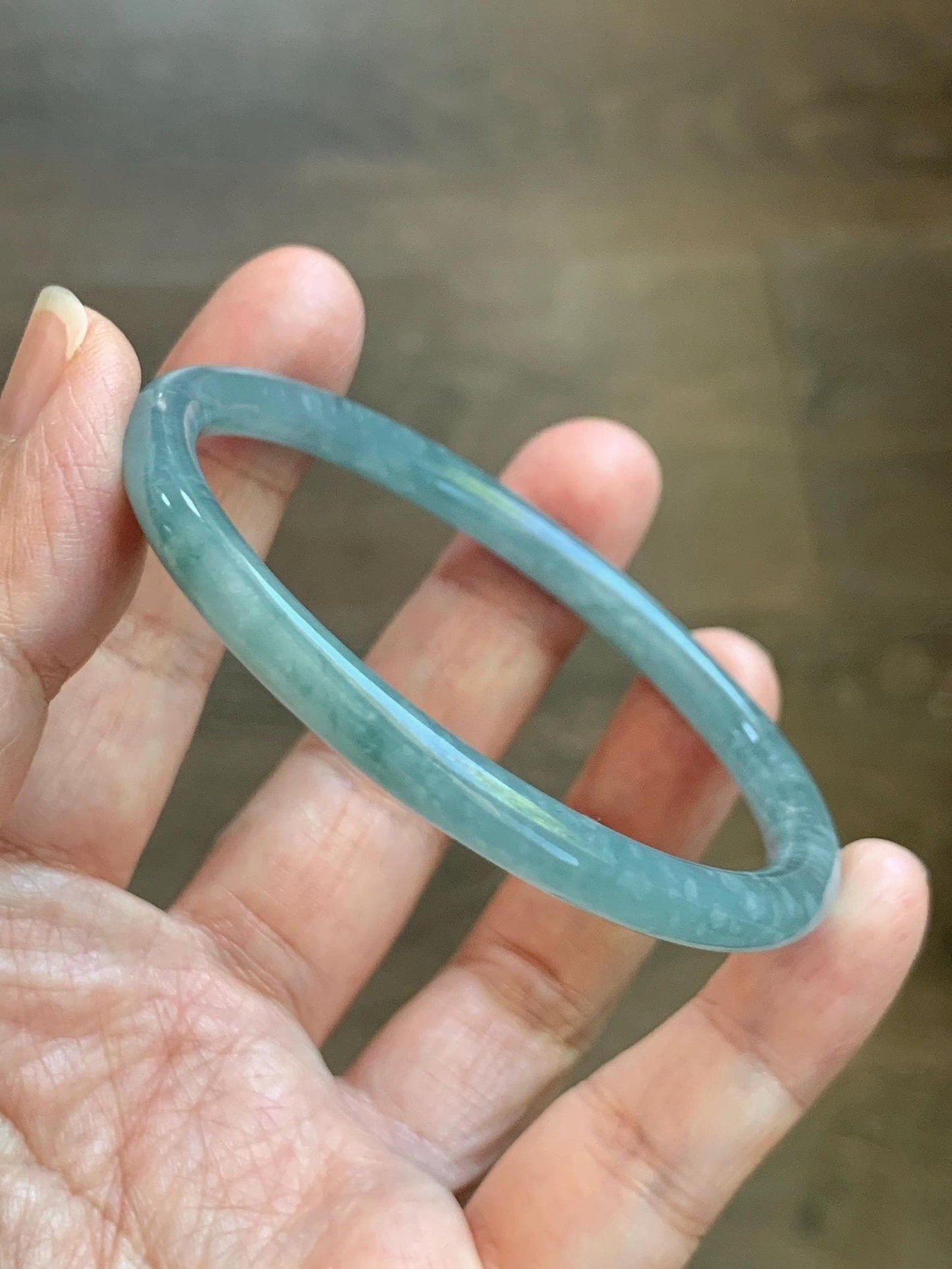 Certified Natural Grade A Guatemalan Icy Translucent Dusty Teal Jade Jadeite Slim Bangle 57.36mm 7.09” 18.52g 天然冰危暗蓝绿翡翠细圆条手镯 201