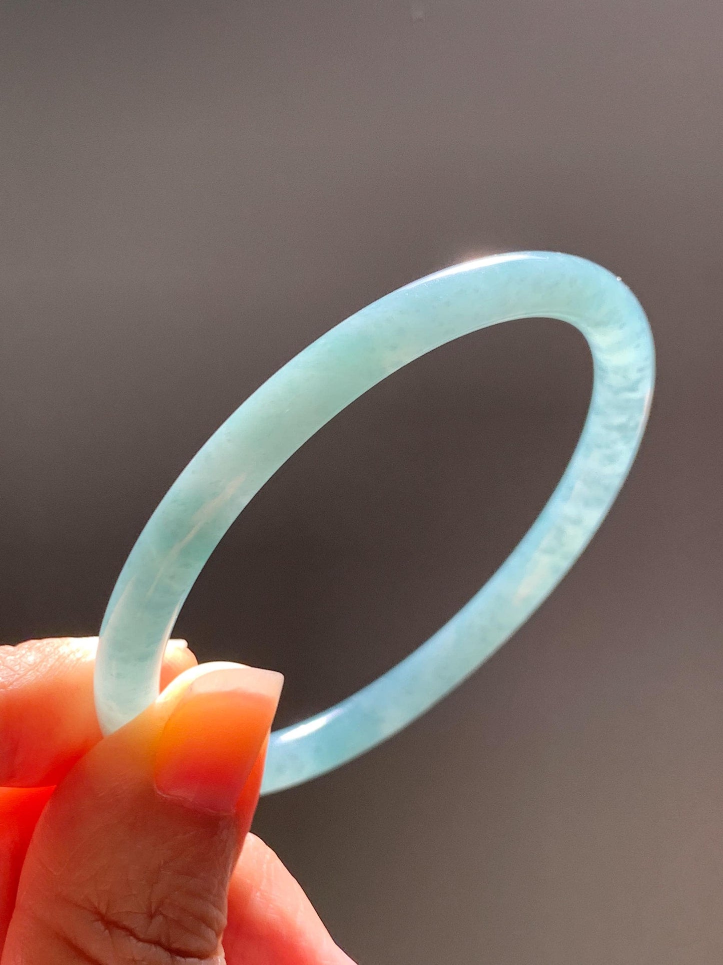 Certified Natural Grade A Guatemalan Icy Translucent Dusty Teal Jade Jadeite Slim Bangle 57.36mm 7.09” 18.52g 天然冰危暗蓝绿翡翠细圆条手镯 201