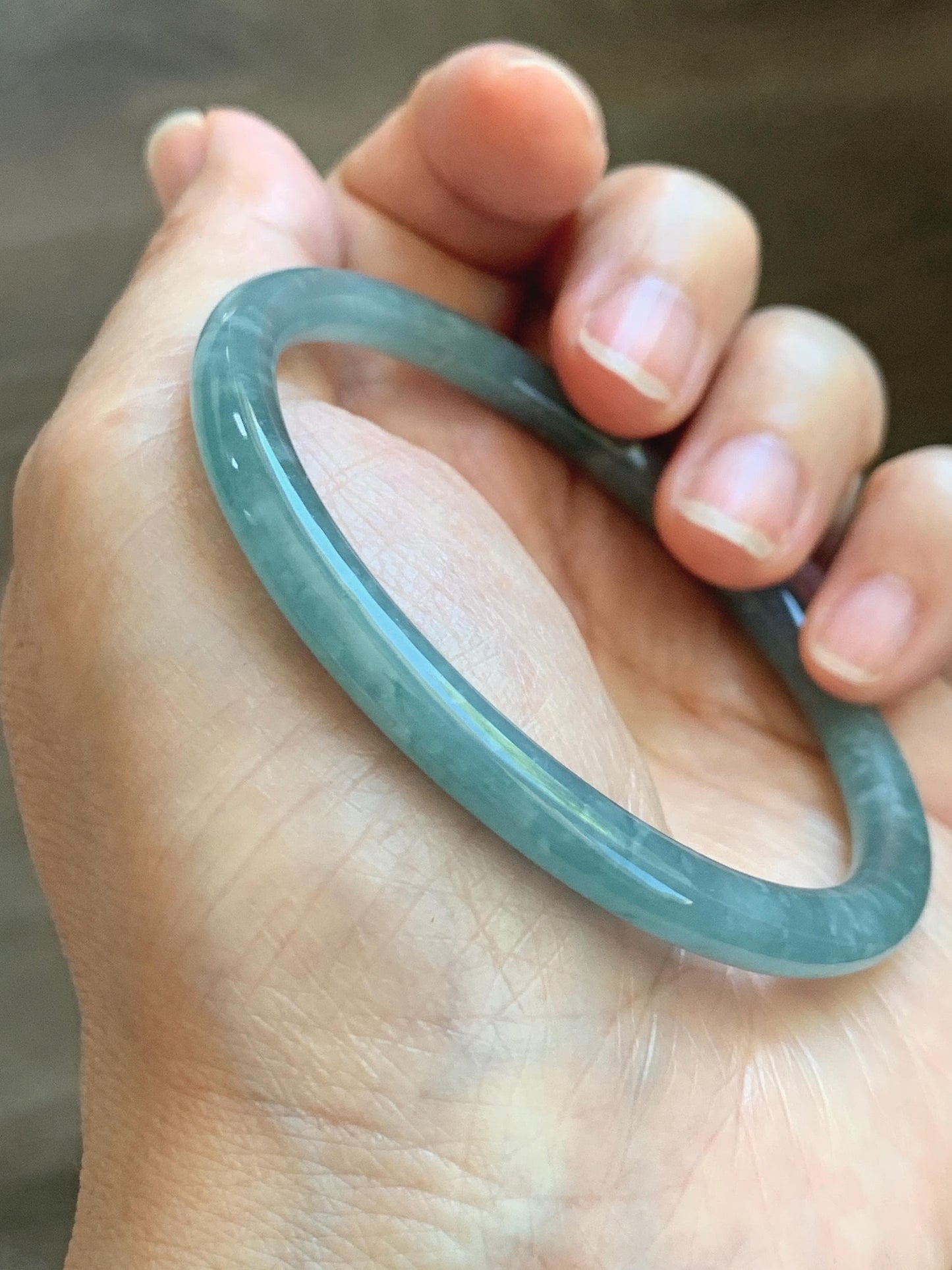 Certified Natural Grade A Guatemalan Icy Translucent Dusty Teal Jade Jadeite Slim Bangle 57.36mm 7.09” 18.52g 天然冰危暗蓝绿翡翠细圆条手镯 201