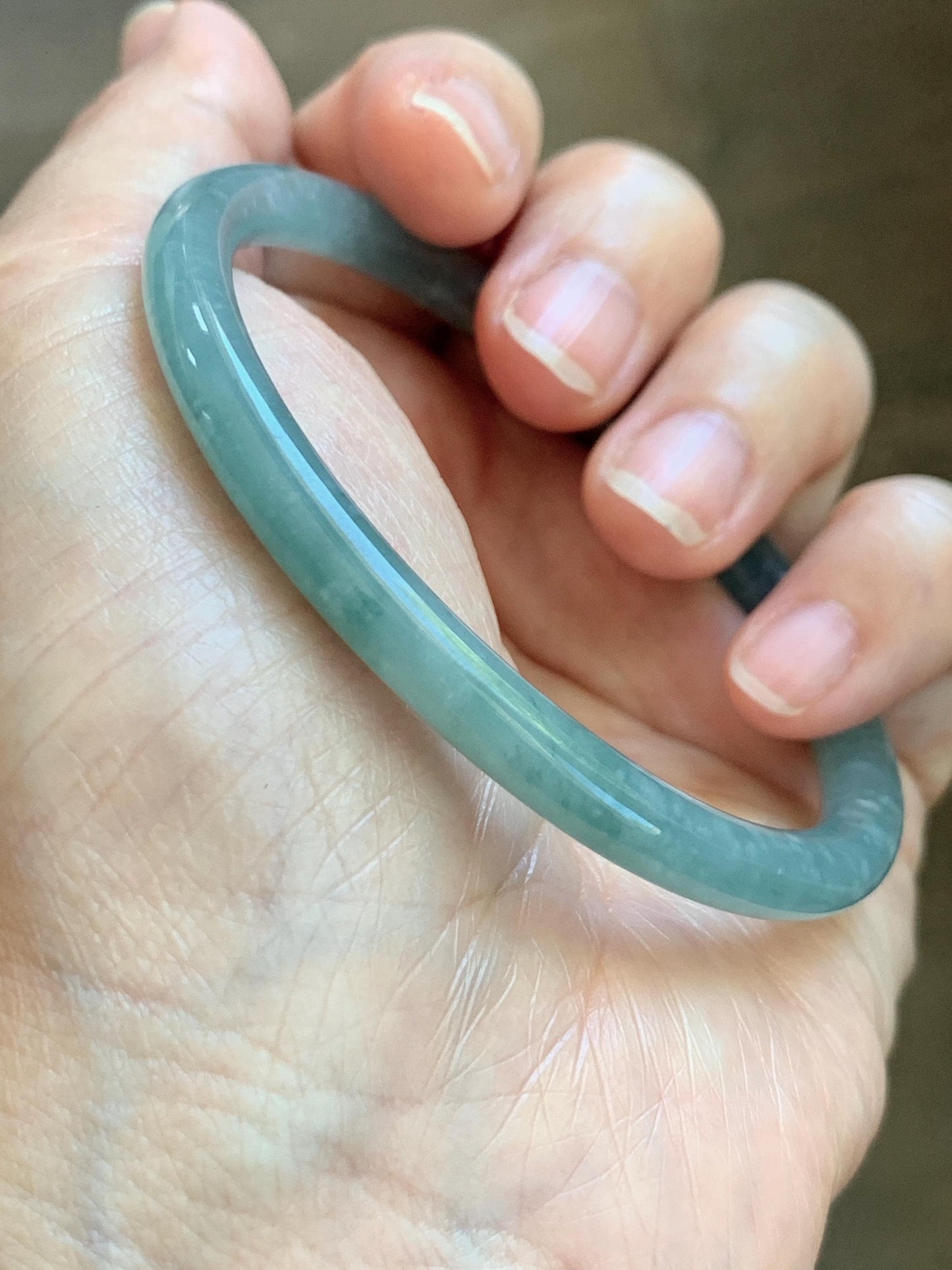 Certified Natural Grade A Guatemalan Icy Translucent Dusty Teal Jade Jadeite Slim Bangle 57.36mm 7.09” 18.52g 天然冰危暗蓝绿翡翠细圆条手镯 201
