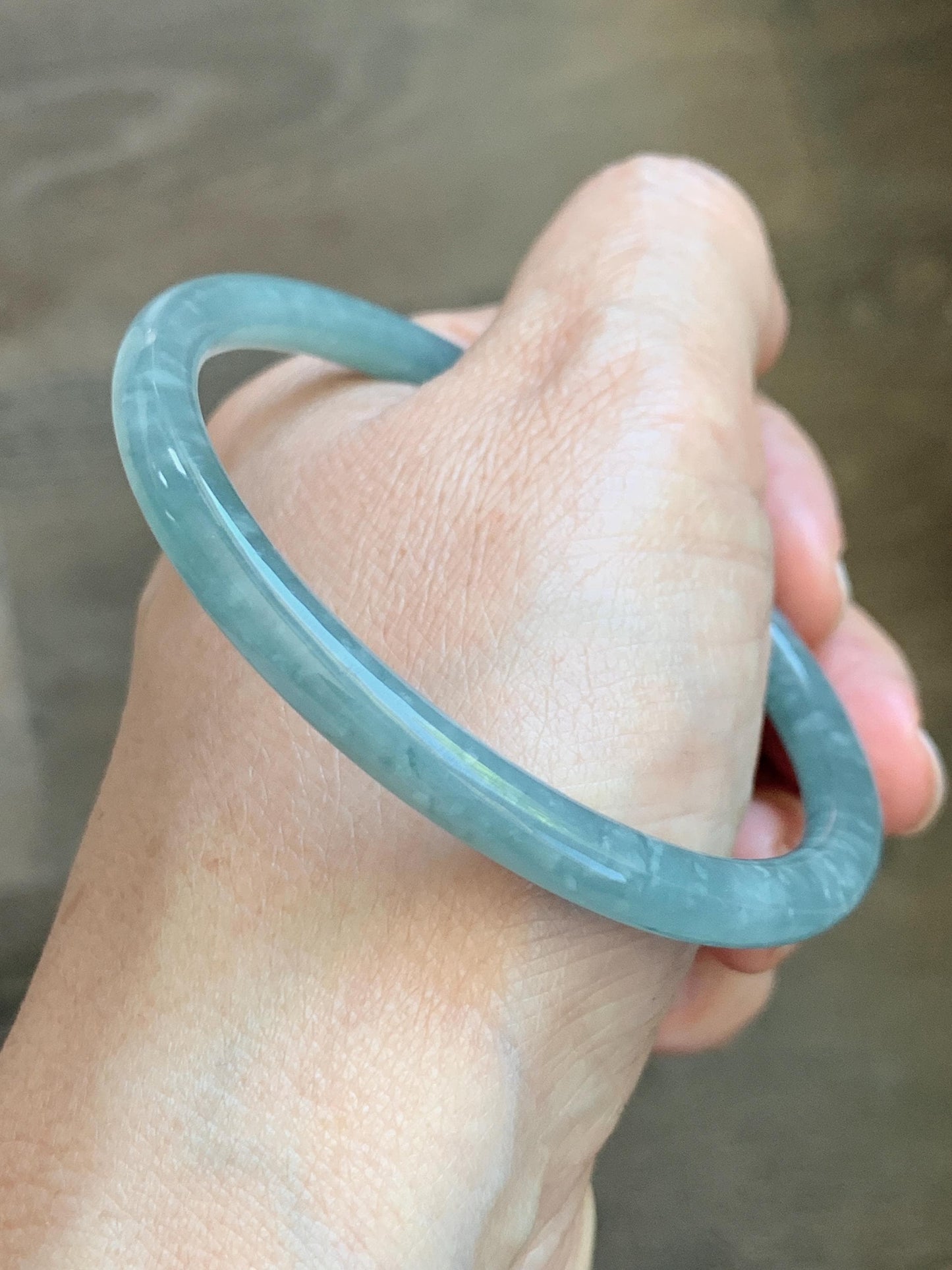 Certified Natural Grade A Guatemalan Icy Translucent Dusty Teal Jade Jadeite Slim Bangle 57.36mm 7.09” 18.52g 天然冰危暗蓝绿翡翠细圆条手镯 201
