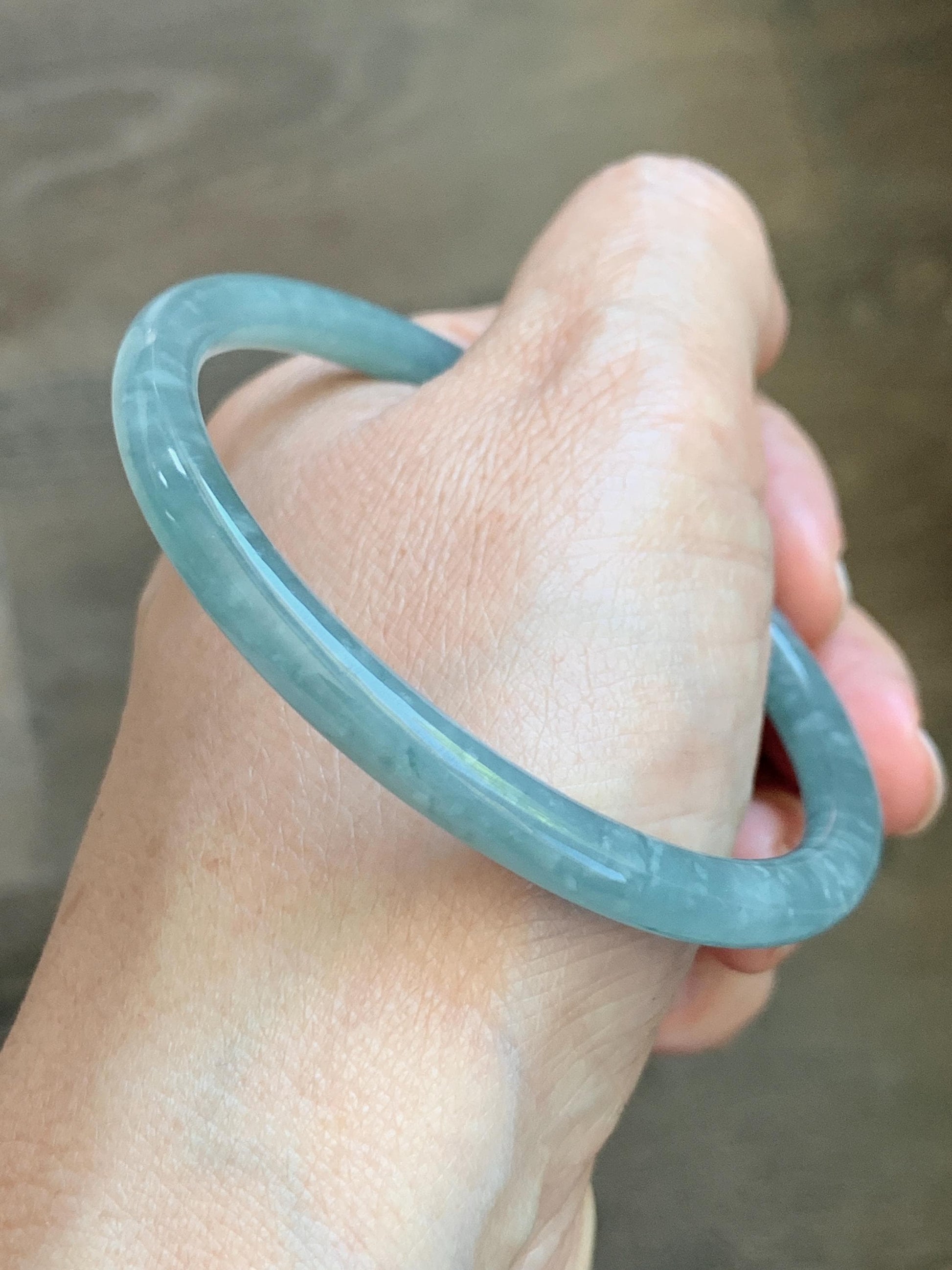 Certified Natural Grade A Guatemalan Icy Translucent Dusty Teal Jade Jadeite Slim Bangle 57.36mm 7.09” 18.52g 天然冰危暗蓝绿翡翠细圆条手镯 201