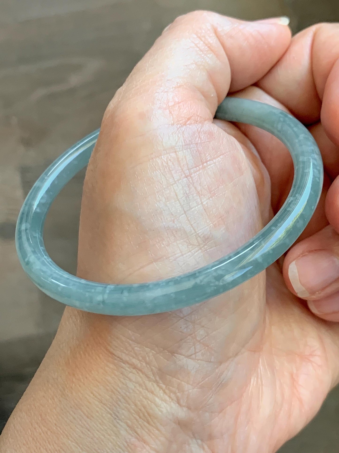 Certified Natural Grade A Guatemalan Icy Translucent Dusty Teal Jade Jadeite Slim Bangle 57.36mm 7.09” 18.52g 天然冰危暗蓝绿翡翠细圆条手镯 201