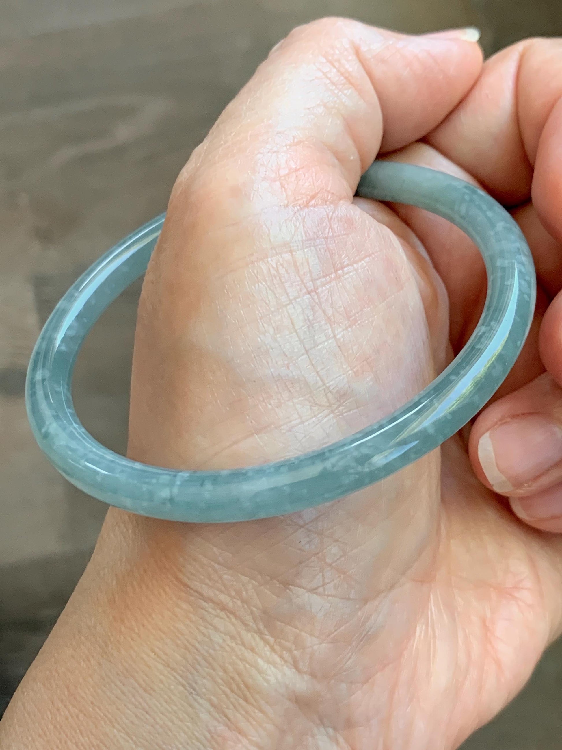 Certified Natural Grade A Guatemalan Icy Translucent Dusty Teal Jade Jadeite Slim Bangle 57.36mm 7.09” 18.52g 天然冰危暗蓝绿翡翠细圆条手镯 201