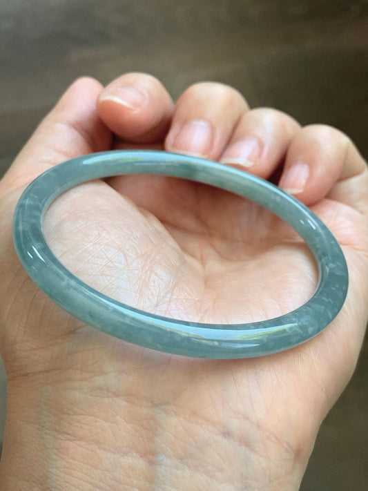 Certified Natural Grade A Guatemalan Icy Translucent Dusty Teal Jade Jadeite Slim Bangle 57.36mm 7.09” 18.52g 天然冰危暗蓝绿翡翠细圆条手镯 201