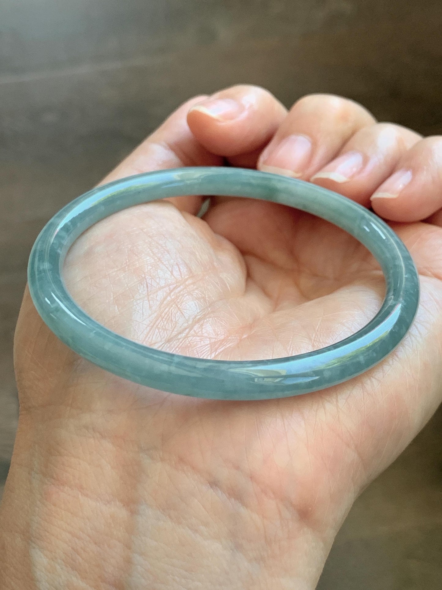 Certified Natural Grade A Guatemalan Icy Translucent Dusty Teal Jade Jadeite Slim Bangle 57.36mm 7.09” 18.52g 天然冰危暗蓝绿翡翠细圆条手镯 201