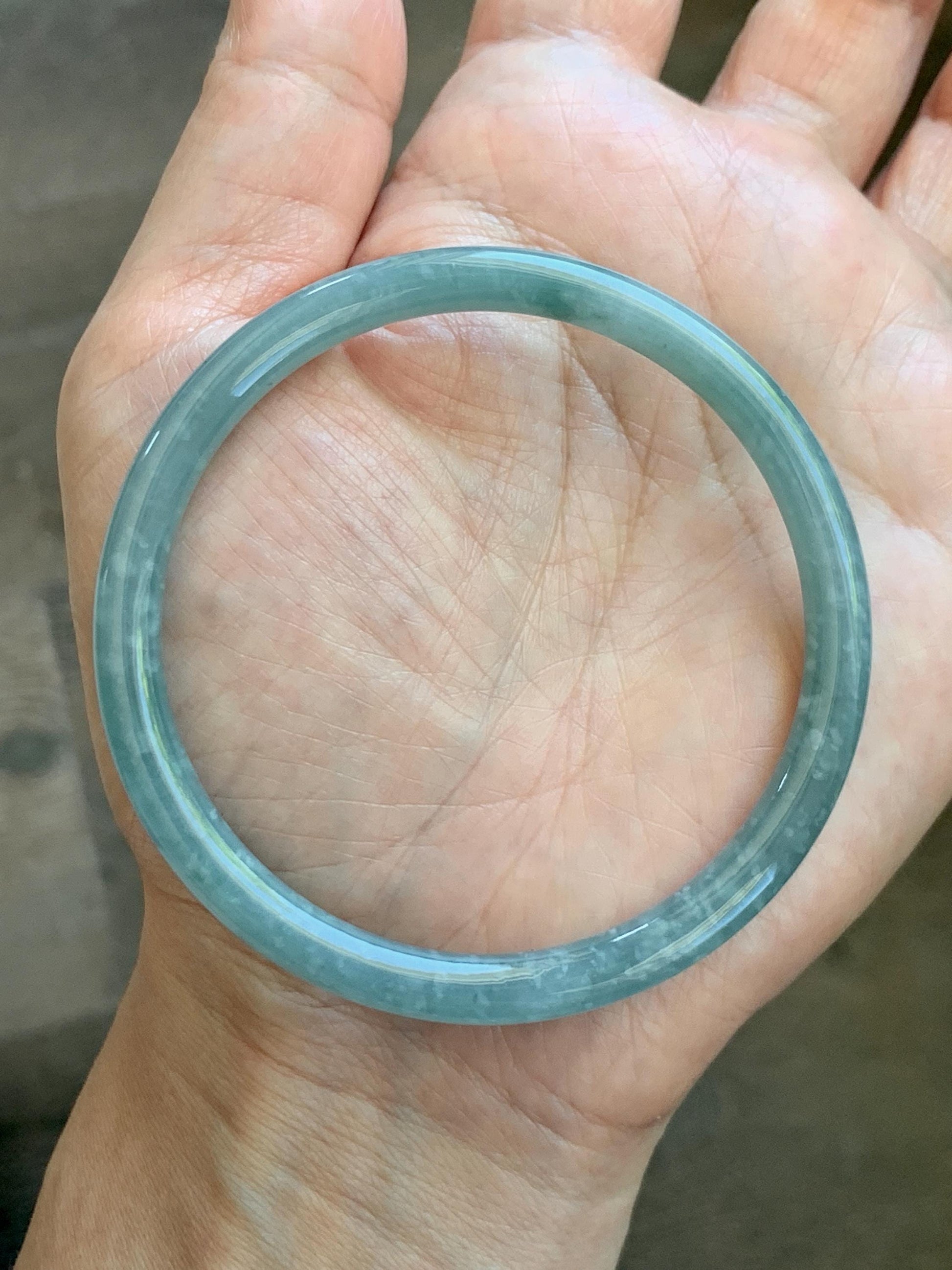 Certified Natural Grade A Guatemalan Icy Translucent Dusty Teal Jade Jadeite Slim Bangle 57.36mm 7.09” 18.52g 天然冰危暗蓝绿翡翠细圆条手镯 201