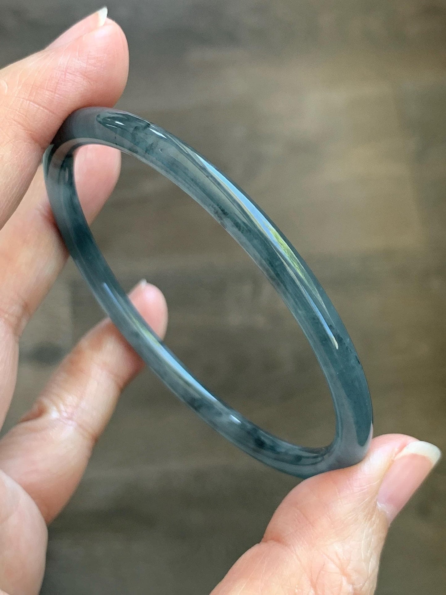 Certified Natural Grade A Guatemalan Icy Translucent Grayish Blue Wuji Marbled Jade Jadeite Bangle Bracelet 60.15mm 7.4” 天然冰危蓝灰乌鸡细圆条翡翠手镯 188