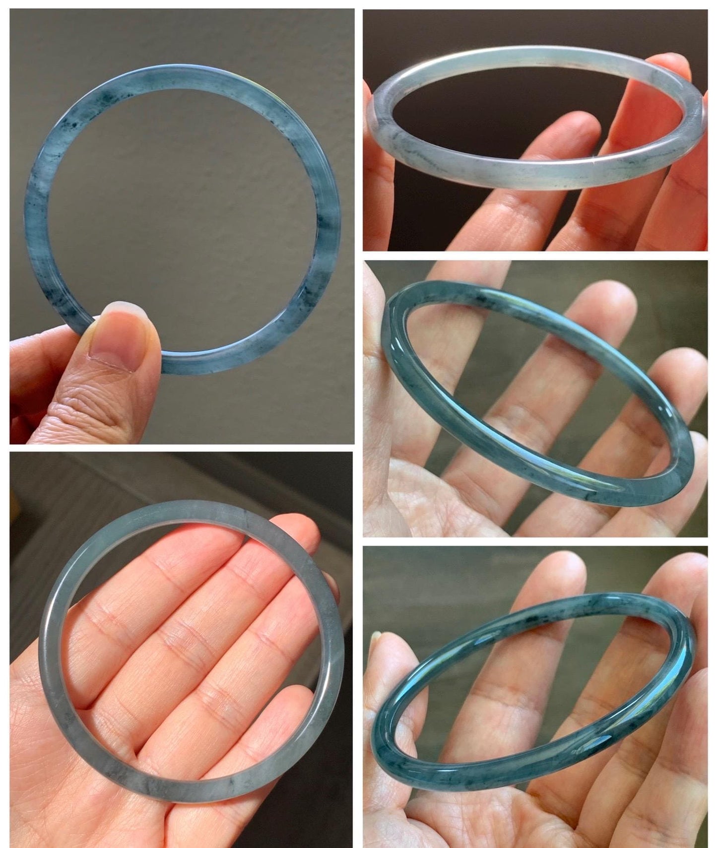Certified Natural Grade A Guatemalan Icy Translucent Grayish Blue Wuji Marbled Jade Jadeite Bangle Bracelet 60.15mm 7.4” 天然冰危蓝灰乌鸡细圆条翡翠手镯 188