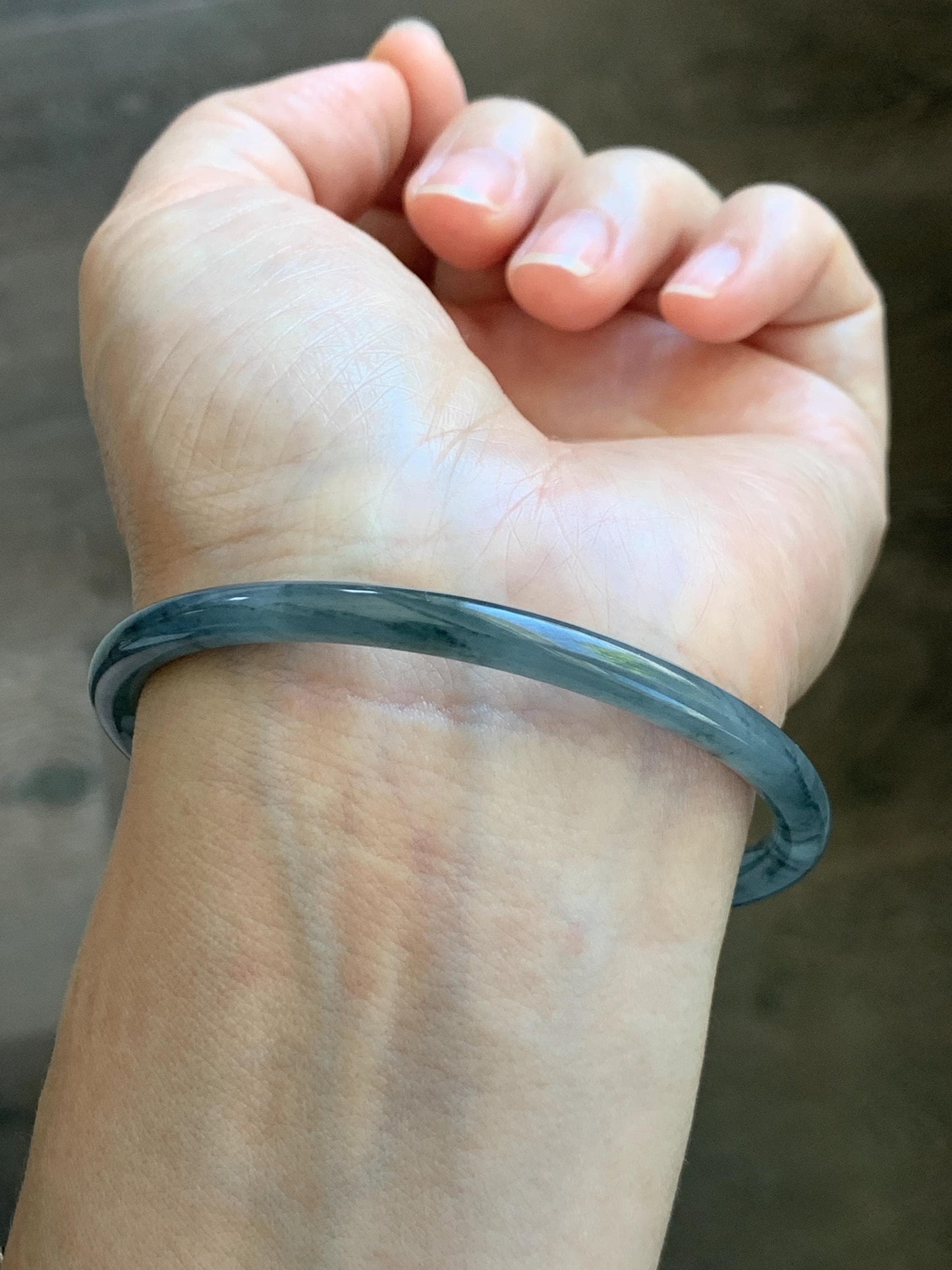 Certified Natural Grade A Guatemalan Icy Translucent Grayish Blue Wuji Marbled Jade Jadeite Bangle Bracelet 60.15mm 7.4” 天然冰危蓝灰乌鸡细圆条翡翠手镯 188