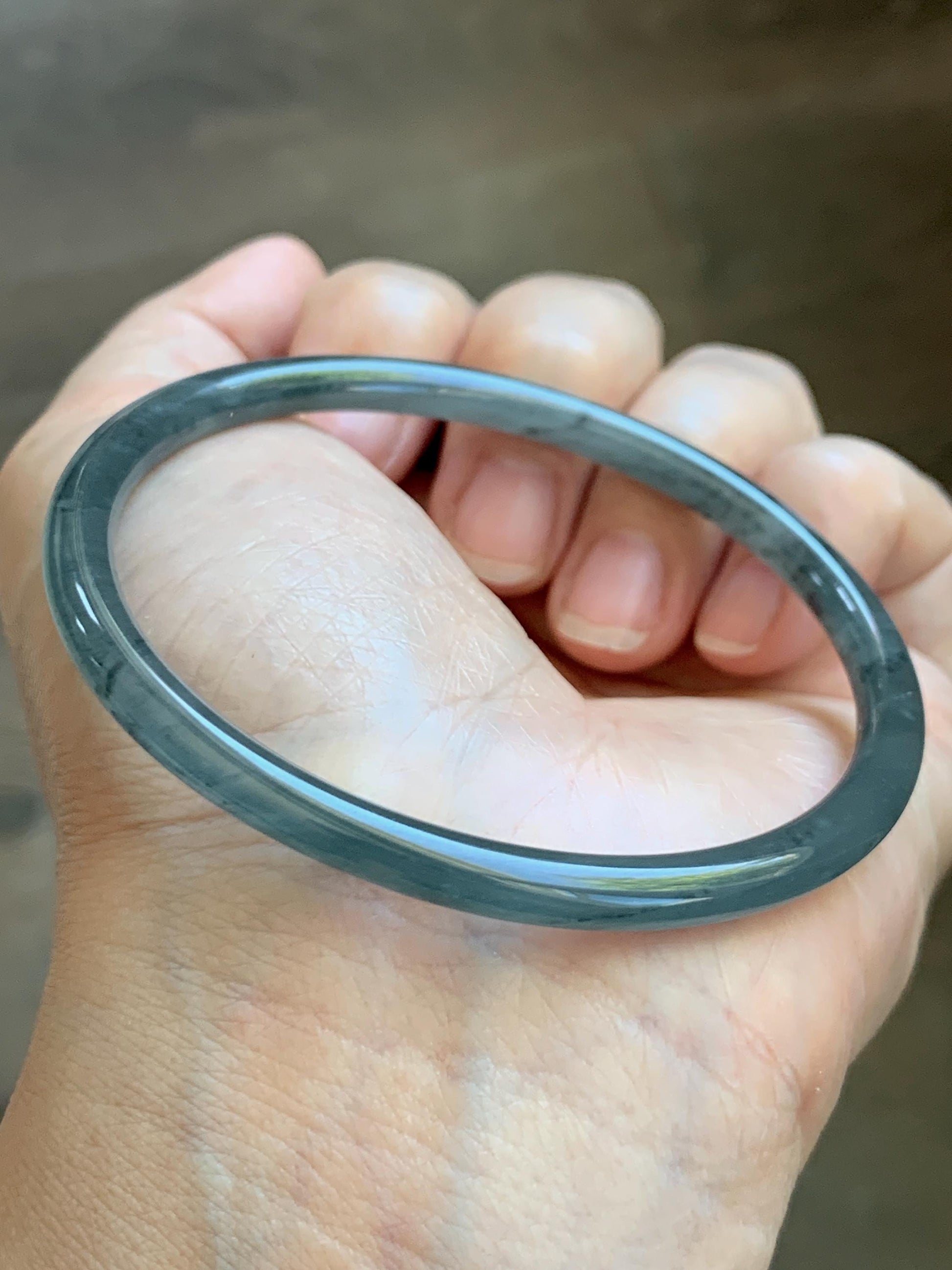Certified Natural Grade A Guatemalan Icy Translucent Grayish Blue Wuji Marbled Jade Jadeite Bangle Bracelet 60.15mm 7.4” 天然冰危蓝灰乌鸡细圆条翡翠手镯 188