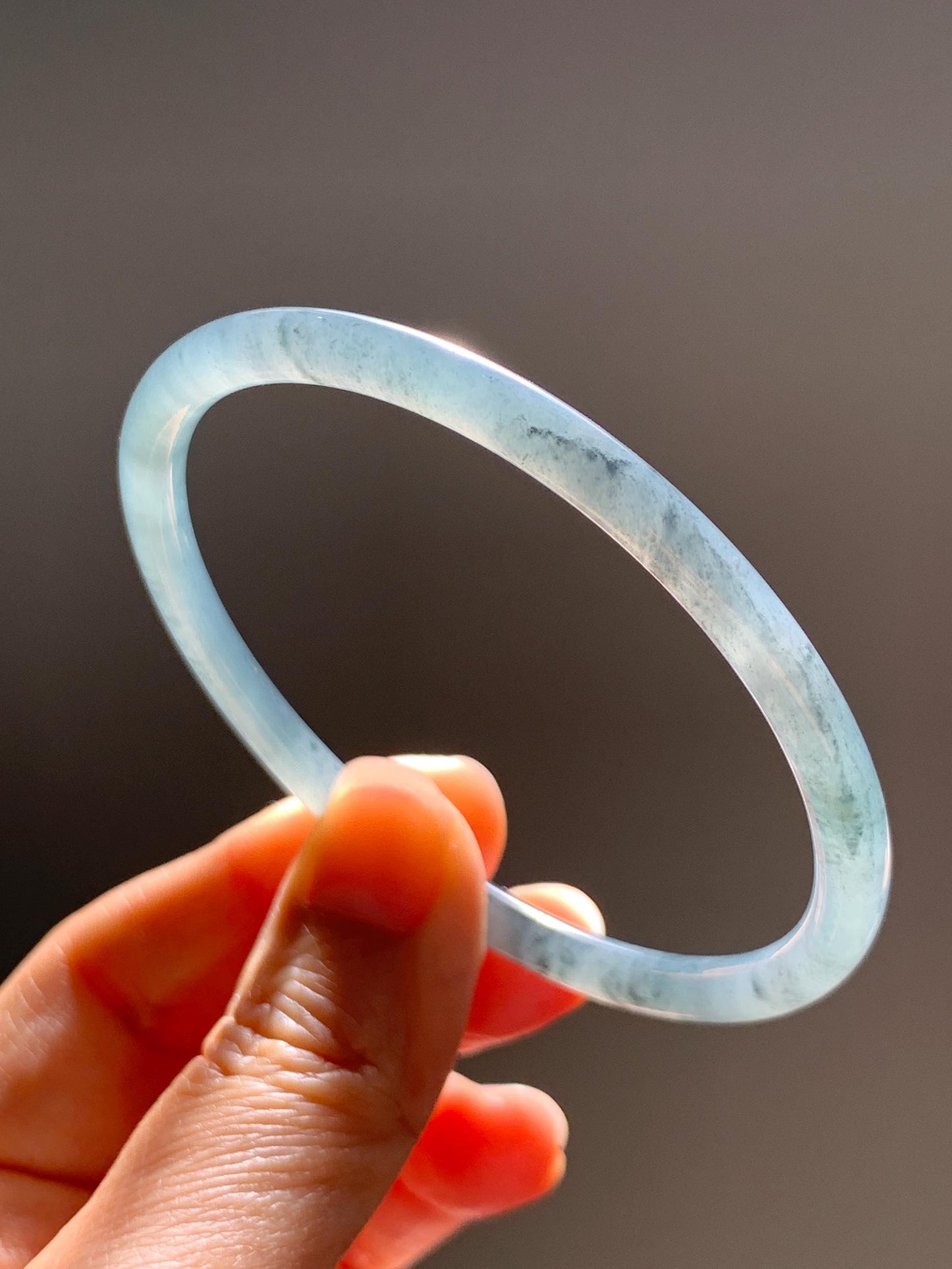 Certified Natural Grade A Guatemalan Icy Translucent Grayish Blue Wuji Marbled Jade Jadeite Bangle Bracelet 60.15mm 7.4” 天然冰危蓝灰乌鸡细圆条翡翠手镯 188