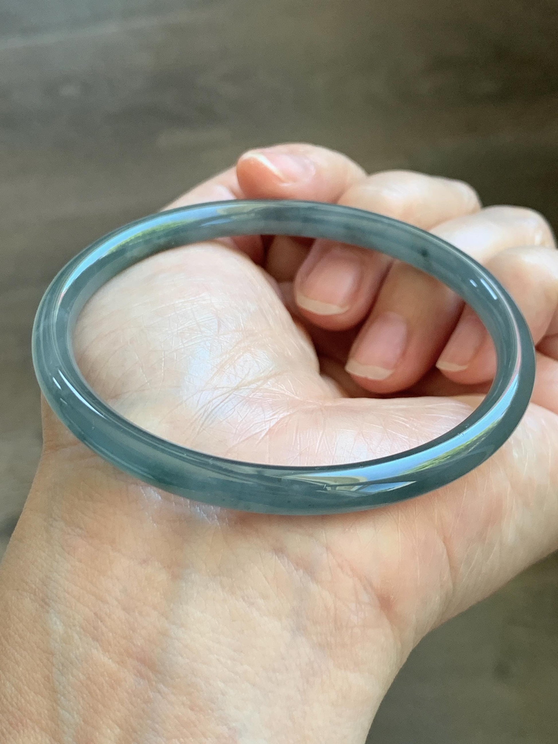 Certified Natural Grade A Guatemalan Icy Translucent Grayish Blue Wuji Marbled Jade Jadeite Bangle Bracelet 60mm 7.42” 天然冰危蓝灰乌鸡细圆条翡翠手镯 189