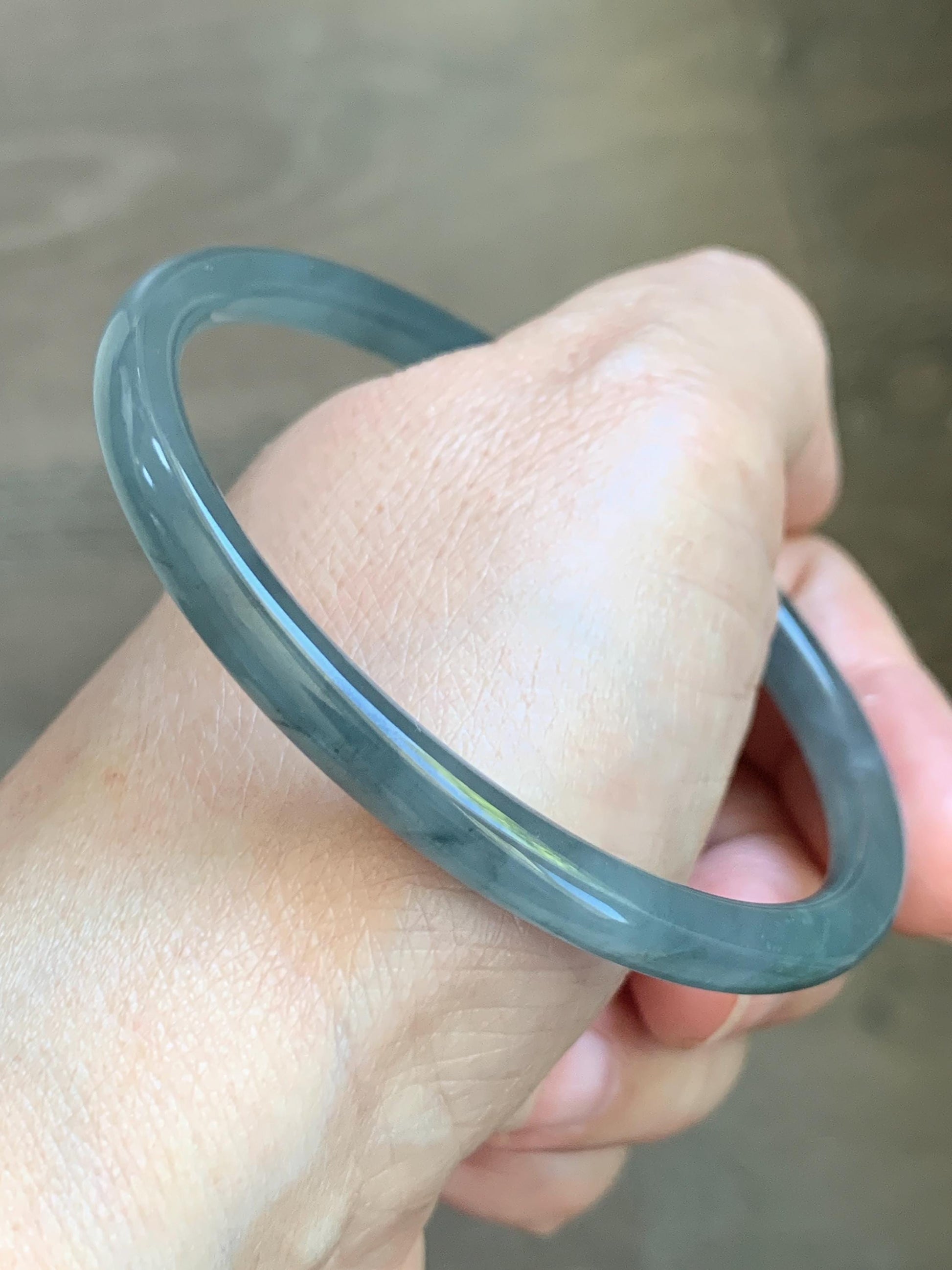 Certified Natural Grade A Guatemalan Icy Translucent Grayish Blue Wuji Marbled Jade Jadeite Bangle Bracelet 60mm 7.42” 天然冰危蓝灰乌鸡细圆条翡翠手镯 189