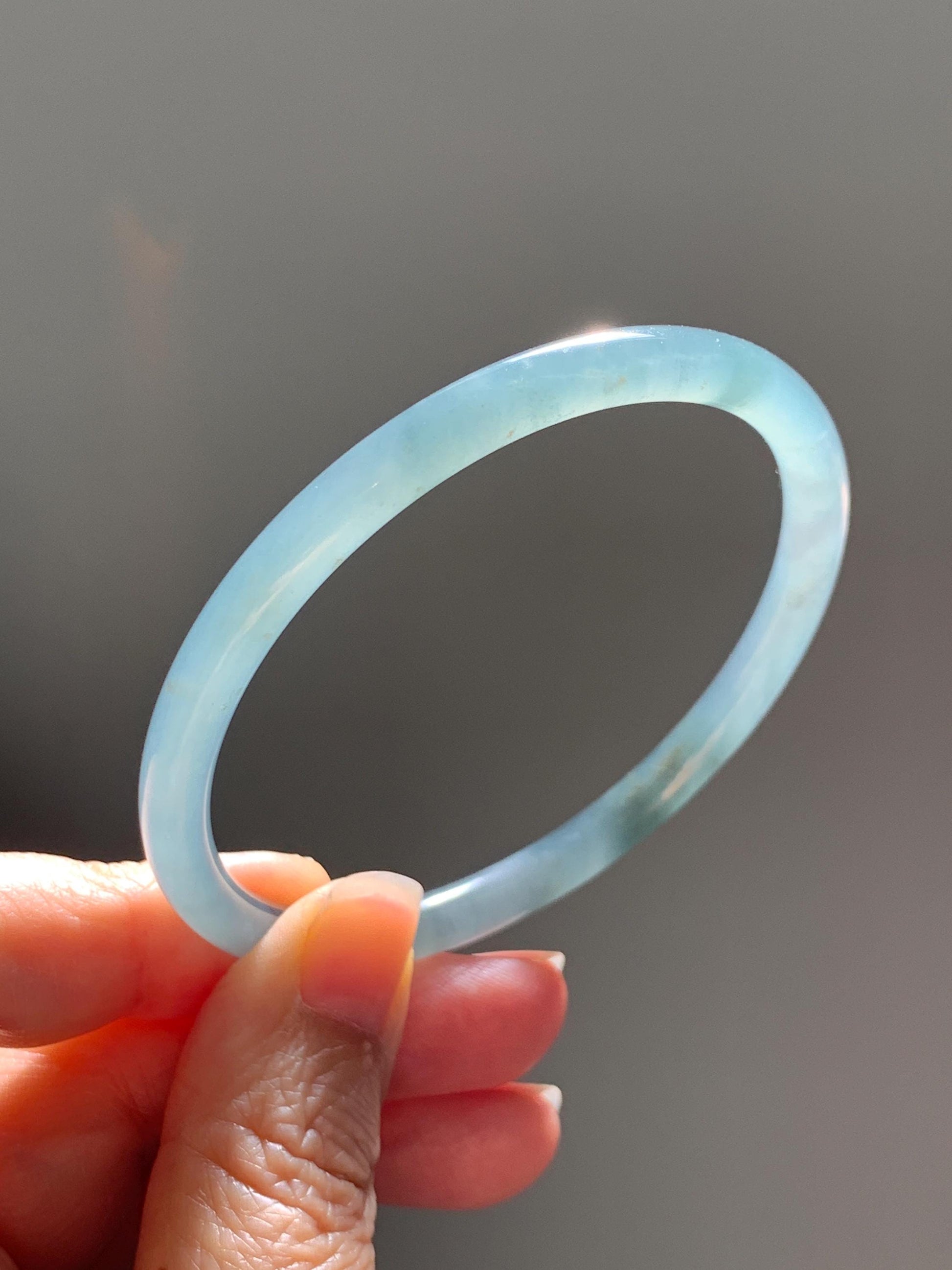 Certified Natural Grade A Guatemalan Icy Translucent Grayish Blue Wuji Marbled Jade Jadeite Bangle Bracelet 60mm 7.42” 天然冰危蓝灰乌鸡细圆条翡翠手镯 189