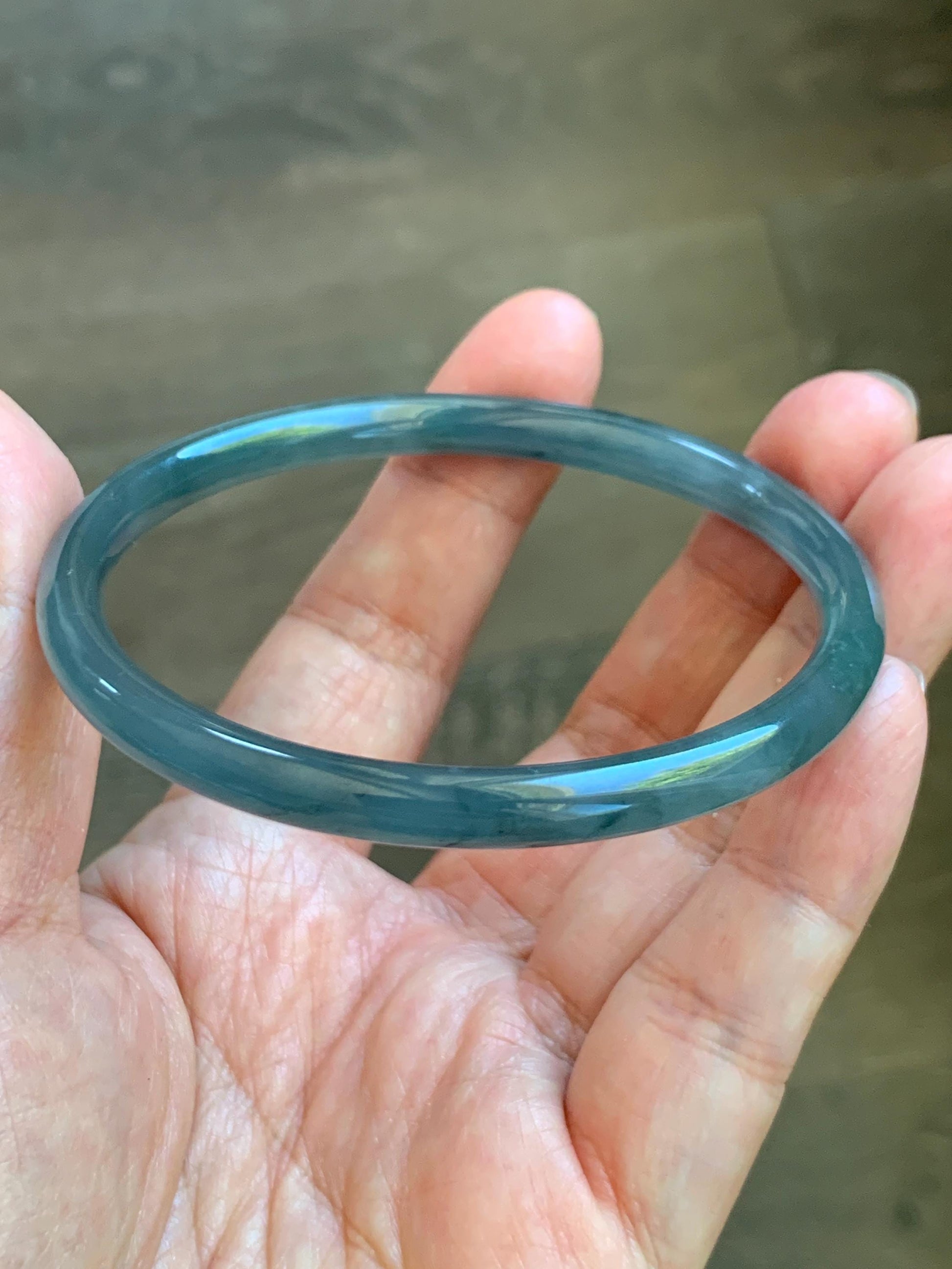 Certified Natural Grade A Guatemalan Icy Translucent Grayish Blue Wuji Marbled Jade Jadeite Bangle Bracelet 60mm 7.42” 天然冰危蓝灰乌鸡细圆条翡翠手镯 189
