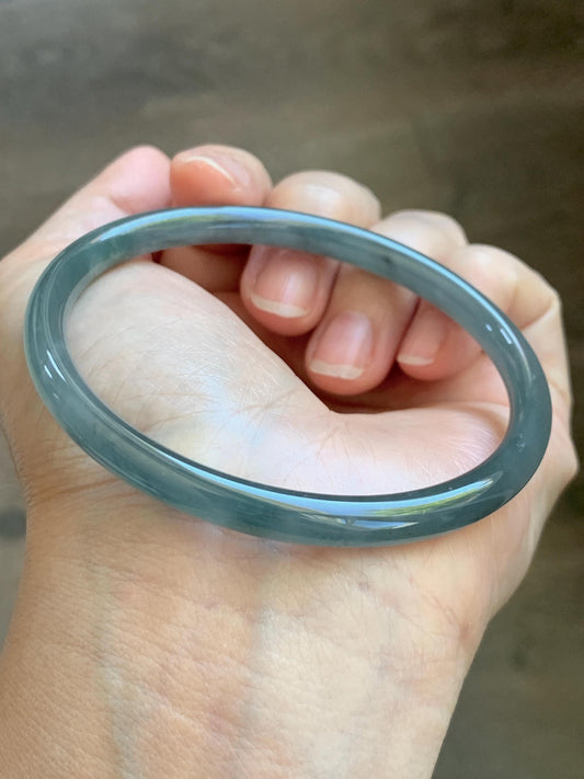 Certified Natural Grade A Guatemalan Icy Translucent Grayish Blue Wuji Marbled Jade Jadeite Bangle Bracelet 60mm 7.42” 天然冰危蓝灰乌鸡细圆条翡翠手镯 189