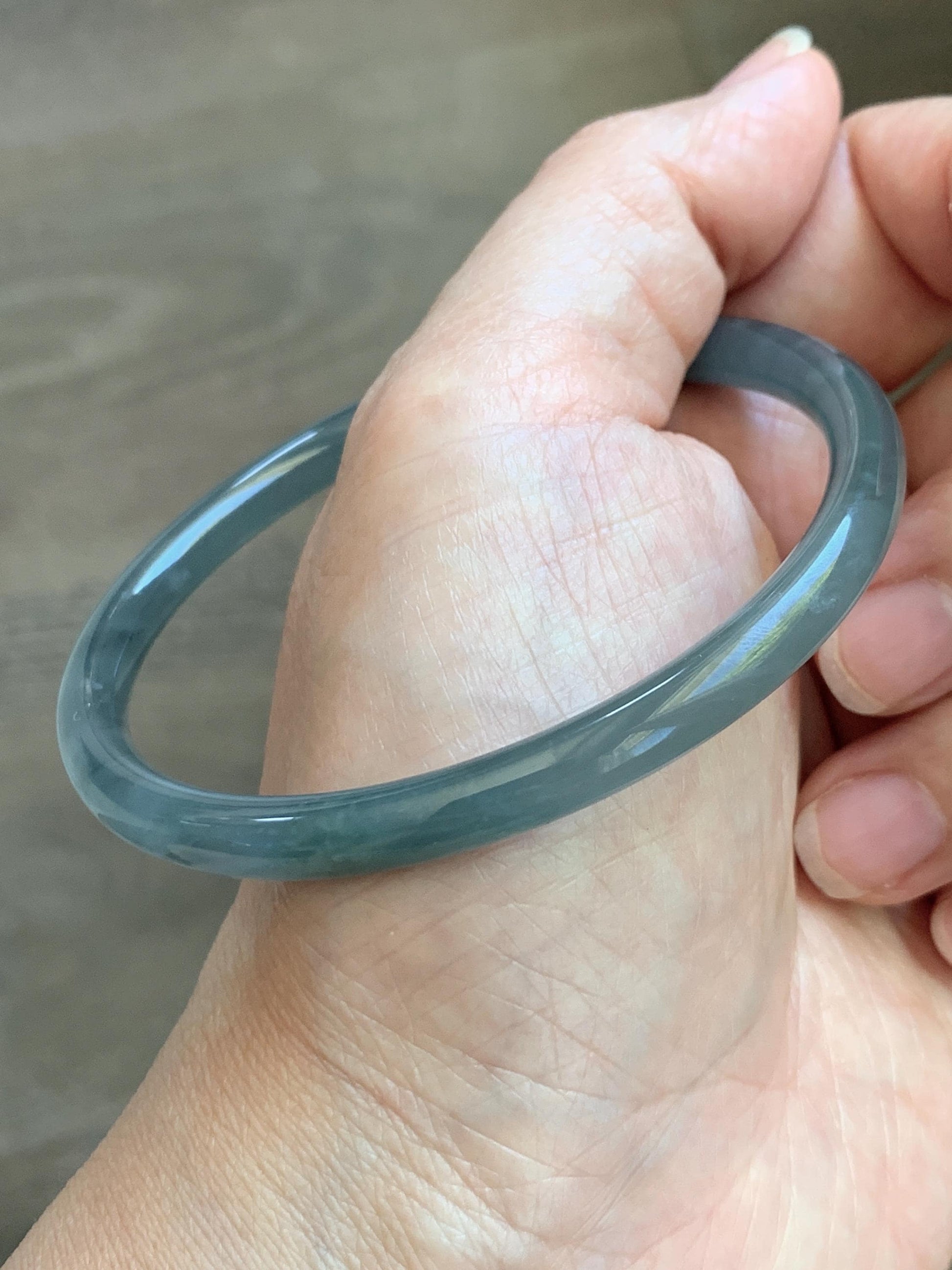 Certified Natural Grade A Guatemalan Icy Translucent Grayish Blue Wuji Marbled Jade Jadeite Bangle Bracelet 60mm 7.42” 天然冰危蓝灰乌鸡细圆条翡翠手镯 189