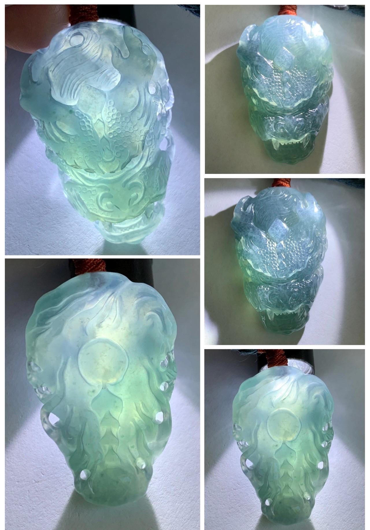 Natural Grade A Guatemalan Icy Translucent Dark Dusty Blue Jade Jadeite Carved Dragon Pendant Rope Necklace 24" 17g 天然冰危灰蓝翡翠精工龙头吊坠 WLT330A