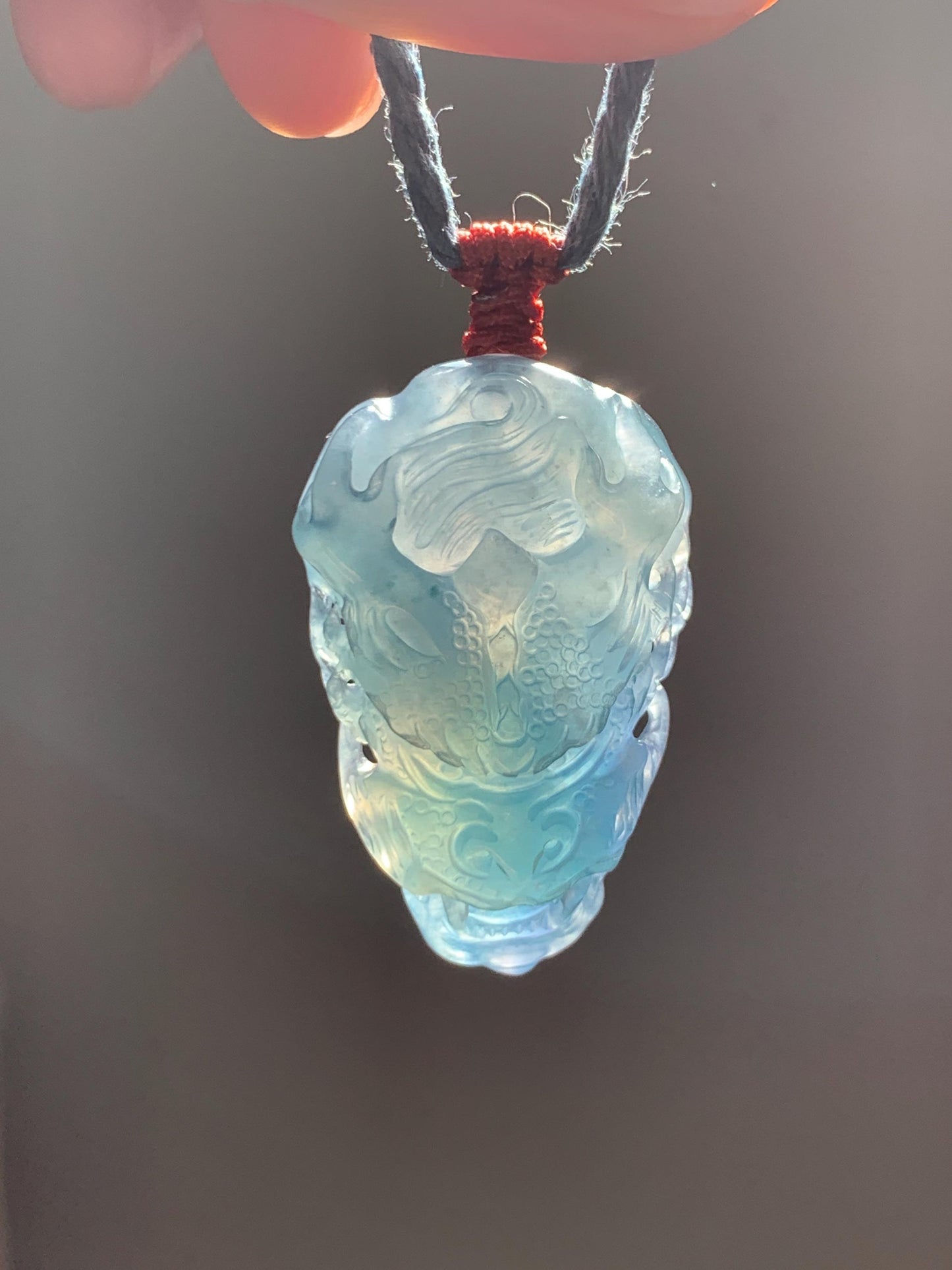 Natural Grade A Guatemalan Icy Translucent Dark Dusty Blue Jade Jadeite Carved Dragon Pendant Rope Necklace 24" 17g 天然冰危灰蓝翡翠精工龙头吊坠 WLT330A