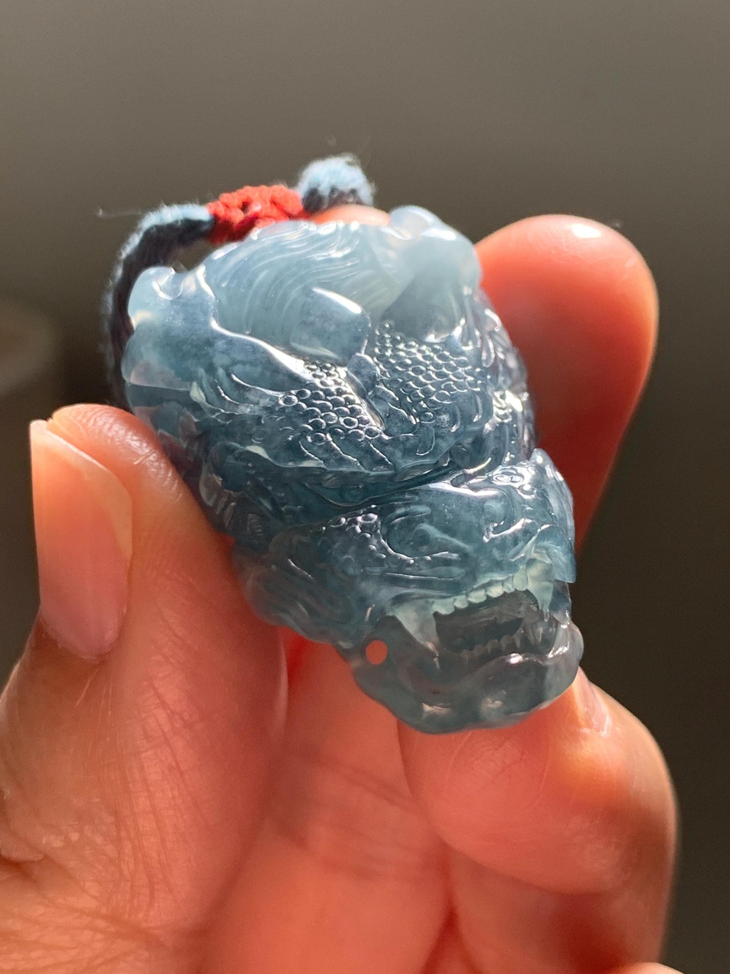 Natural Grade A Guatemalan Icy Translucent Dark Dusty Blue Jade Jadeite Carved Dragon Pendant Rope Necklace 24" 17g 天然冰危灰蓝翡翠精工龙头吊坠 WLT330A