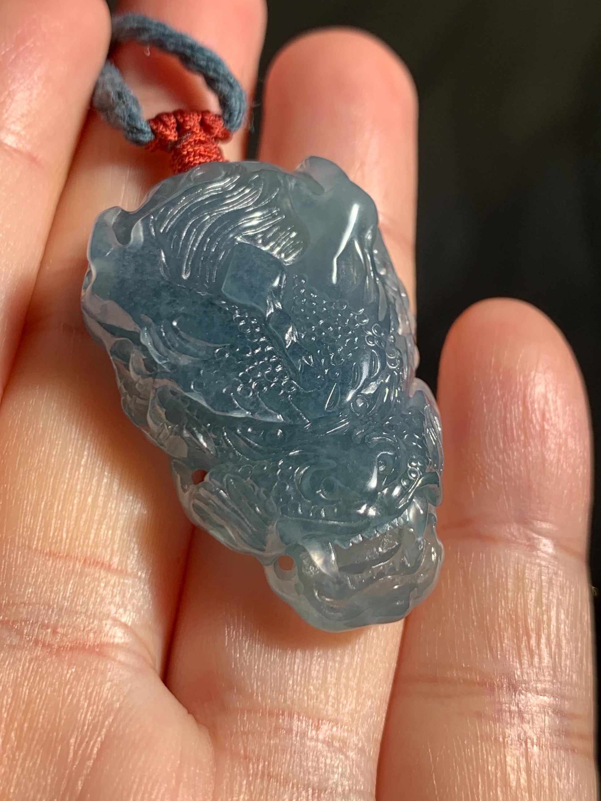 Natural Grade A Guatemalan Icy Translucent Dark Dusty Blue Jade Jadeite Carved Dragon Pendant Rope Necklace 24" 17g 天然冰危灰蓝翡翠精工龙头吊坠 WLT330A