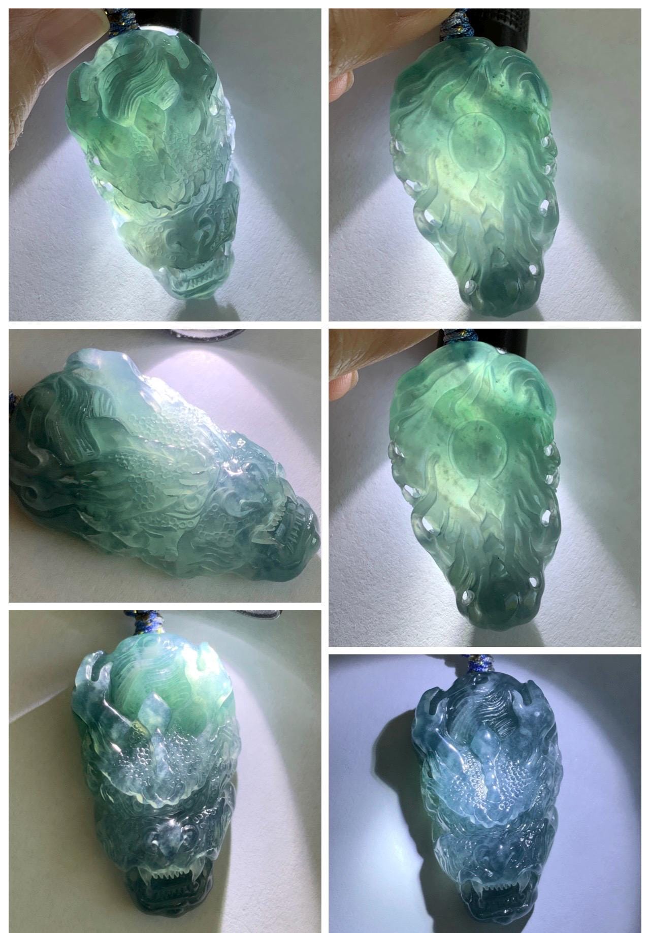 Natural Grade A Guatemalan Icy Translucent Dark Teal Blue Jade Jadeite Carved Dragon Pendant Rope Necklace 24" 24g 天然冰危灰蓝翡翠精工龙头吊坠 WLT330B