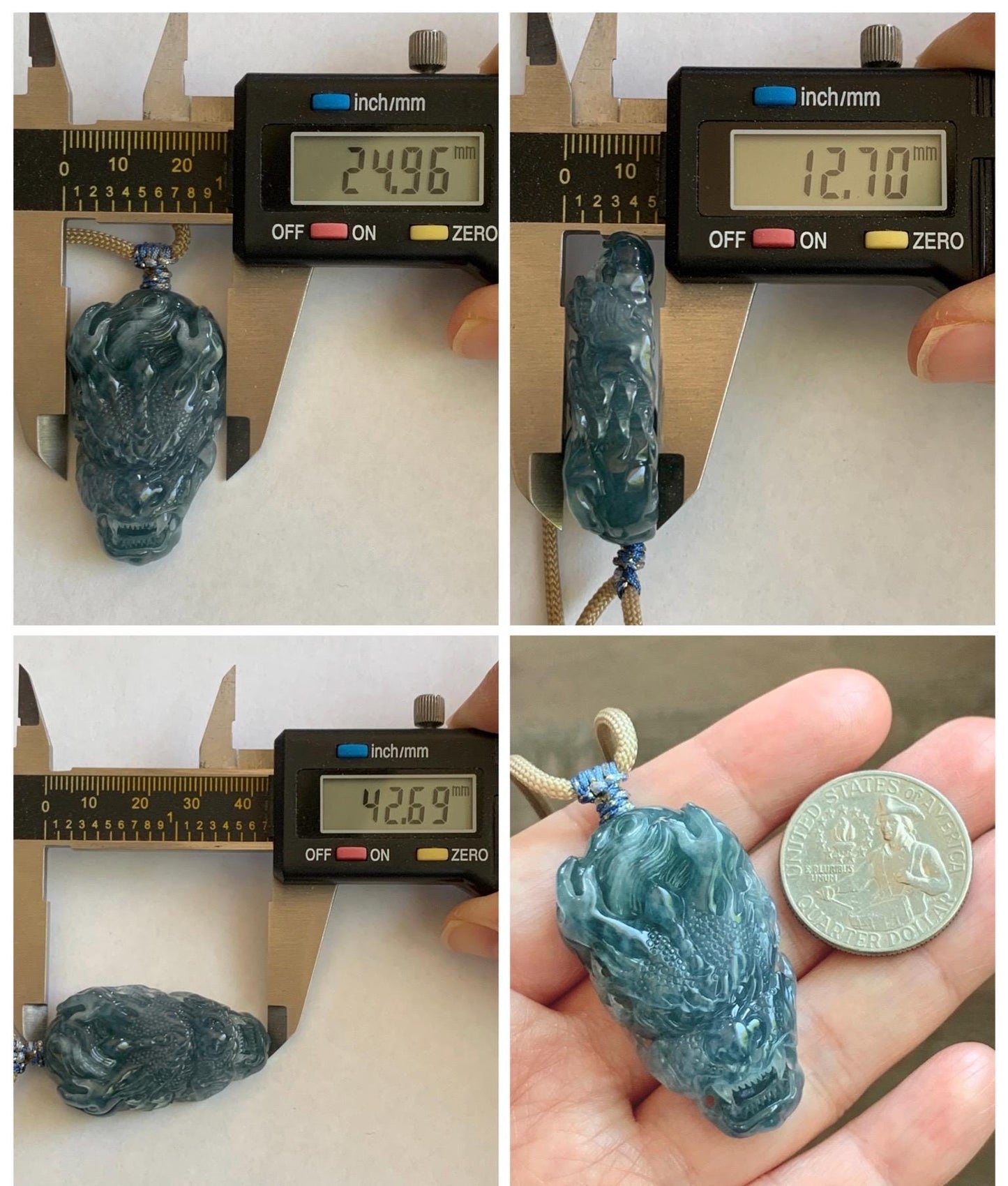 Natural Grade A Guatemalan Icy Translucent Dark Teal Blue Jade Jadeite Carved Dragon Pendant Rope Necklace 24" 24g 天然冰危灰蓝翡翠精工龙头吊坠 WLT330B