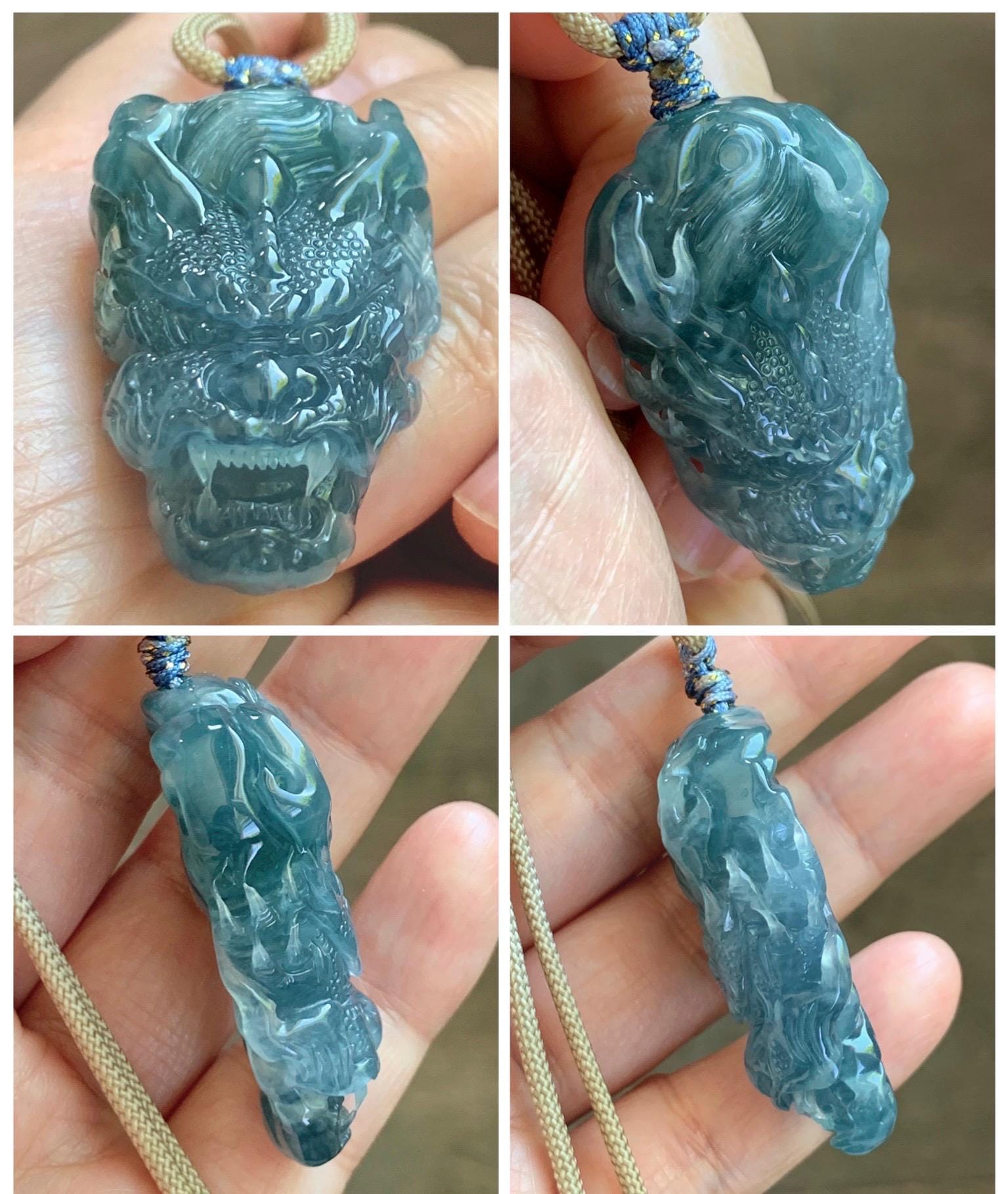 Natural Grade A Guatemalan Icy Translucent Dark Teal Blue Jade Jadeite Carved Dragon Pendant Rope Necklace 24" 24g 天然冰危灰蓝翡翠精工龙头吊坠 WLT330B