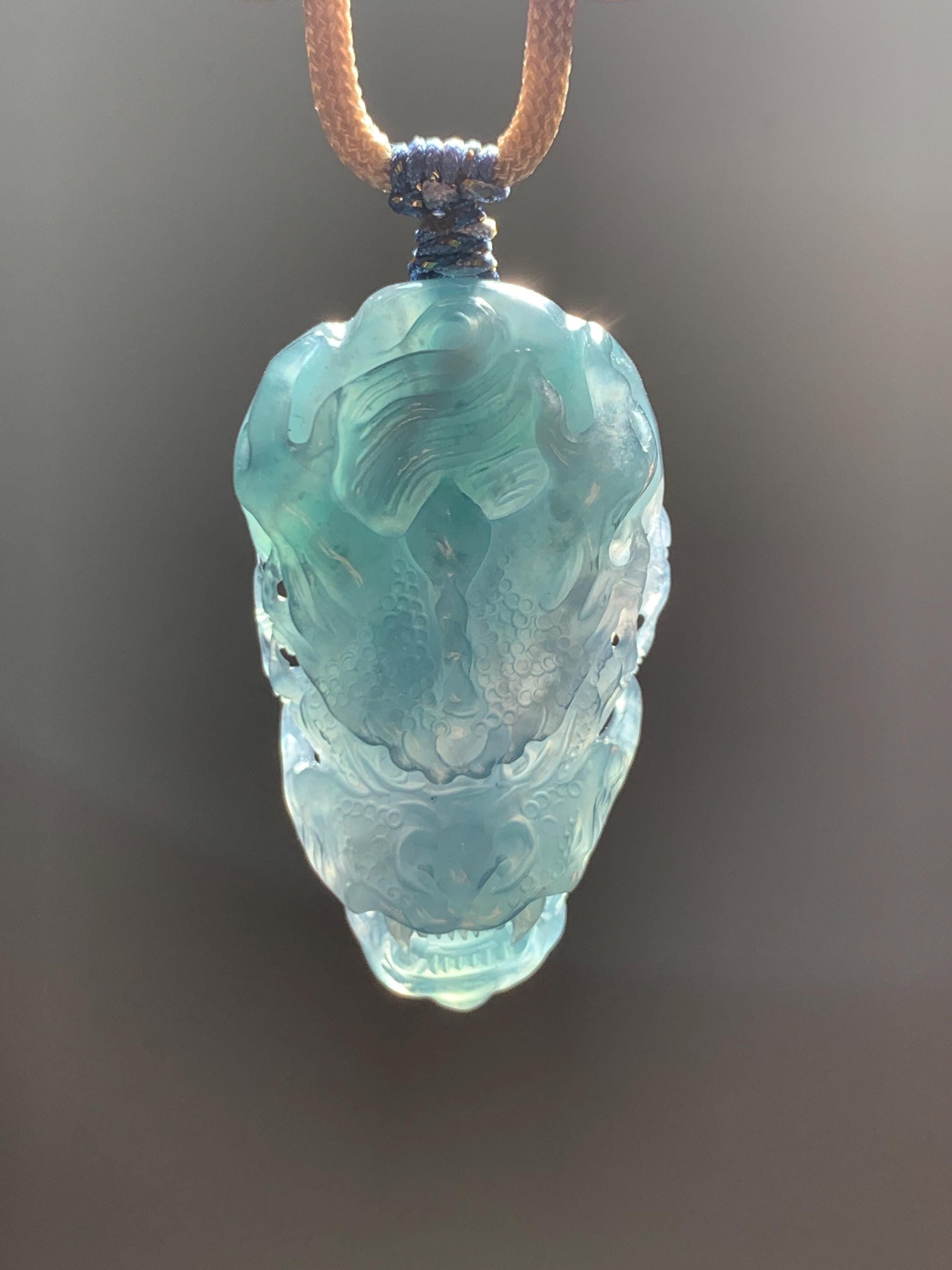 Natural Grade A Guatemalan Icy Translucent Dark Teal Blue Jade Jadeite Carved Dragon Pendant Rope Necklace 24" 24g 天然冰危灰蓝翡翠精工龙头吊坠 WLT330B