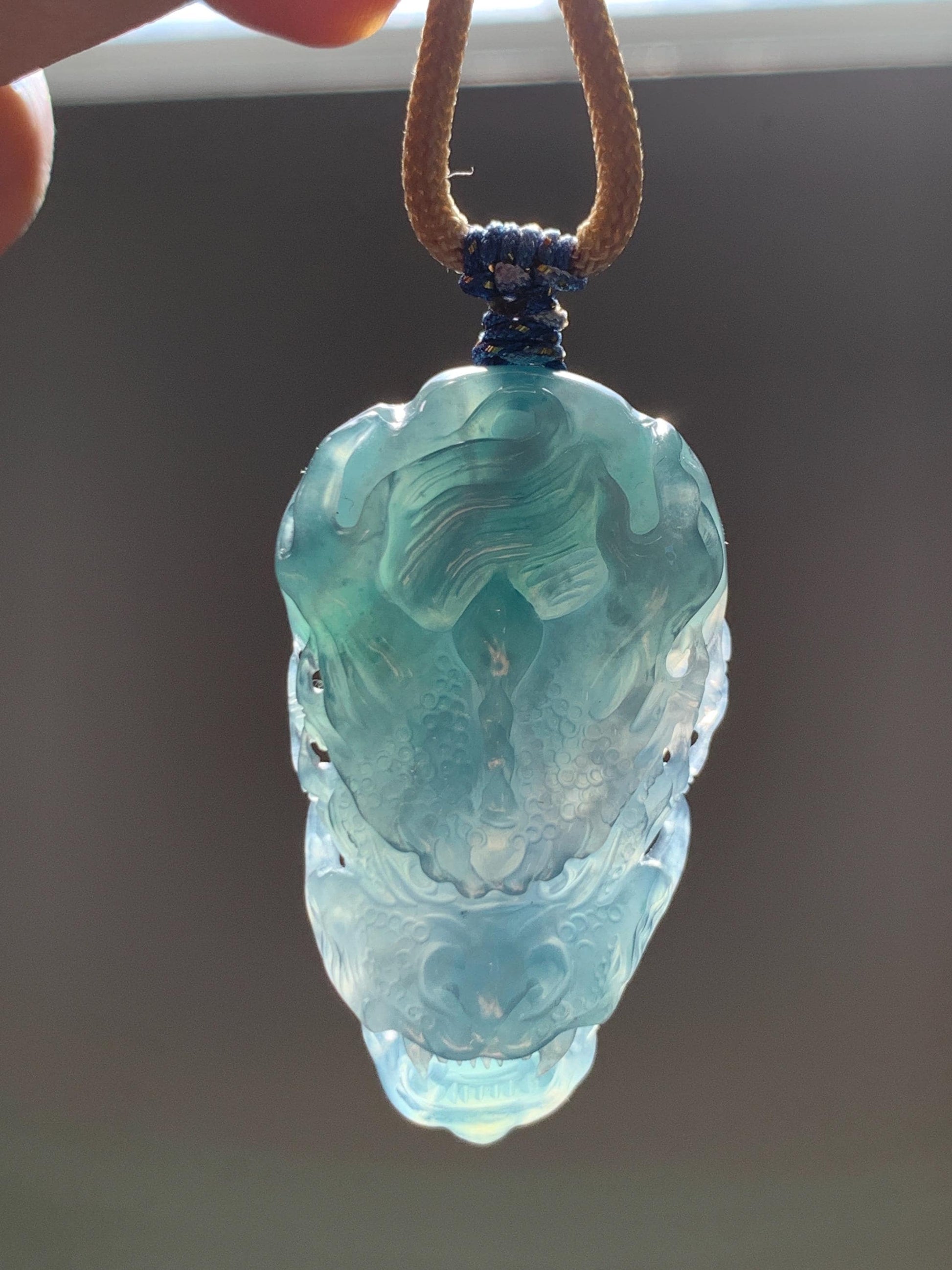 Natural Grade A Guatemalan Icy Translucent Dark Teal Blue Jade Jadeite Carved Dragon Pendant Rope Necklace 24" 24g 天然冰危灰蓝翡翠精工龙头吊坠 WLT330B